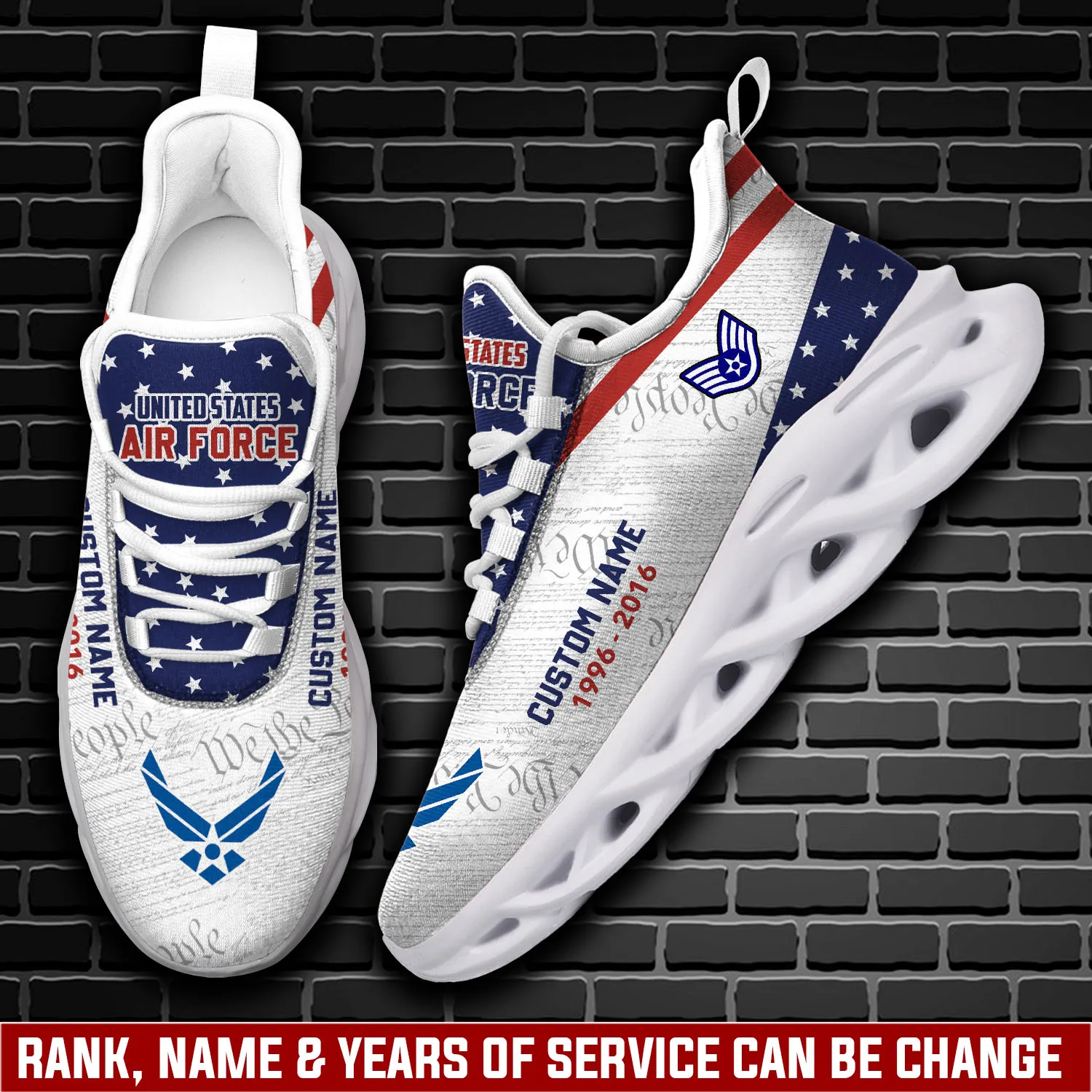 US Air Force E-5 Air Force Staff Sergeant Personalized Max Soul Shoes, Custom Name and Years of Service, We the People Veteran Sneakers