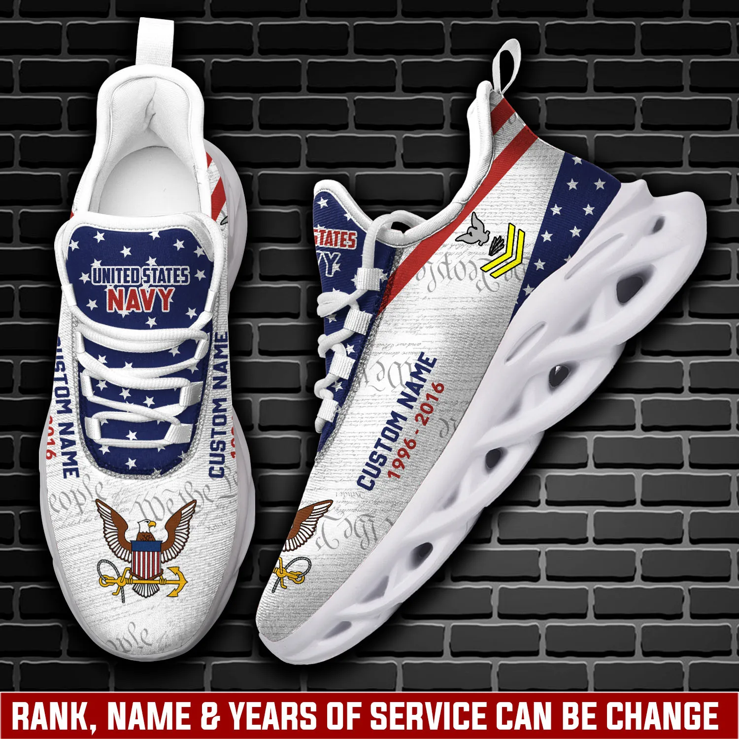 US Navy E-6 Gold Personalized Max Soul Shoes, Custom Name Rating and Years Sailor Sneakers, We The People Flag Veteran Gift for Him
