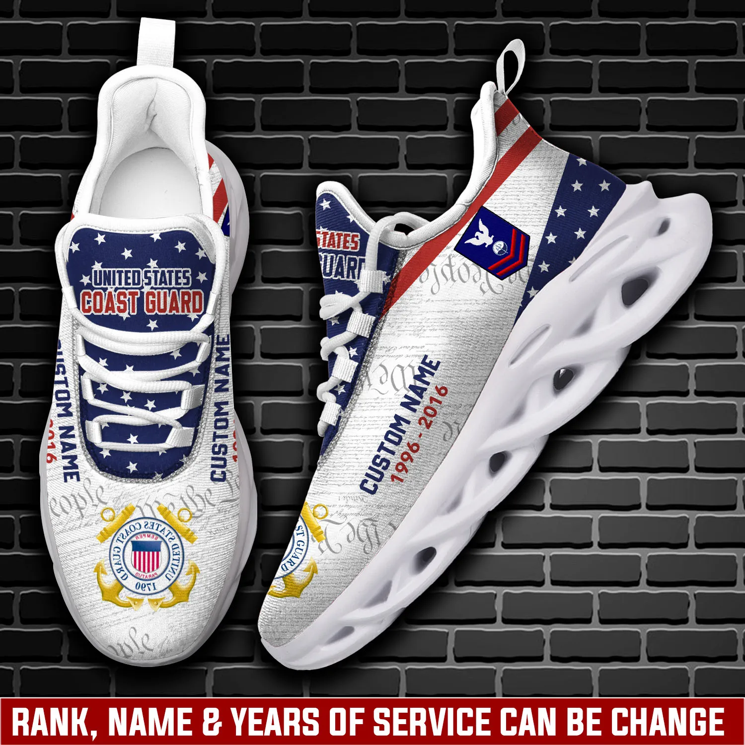 US Coast Guard Served With Pride Personalized Max Soul Shoes, Custom Name, Rank and Years of Service, We the People Patriotic Sneakers