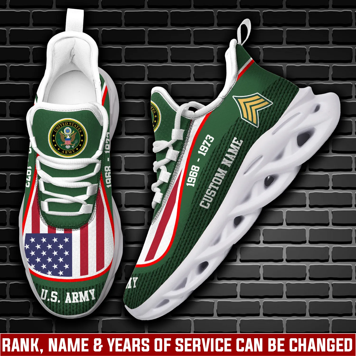 US Army E-4 Army Corporal Max Soul Shoes, Personalized Rank Name and Years of Service, Army Veteran Sneakers, Military Gift for Dad