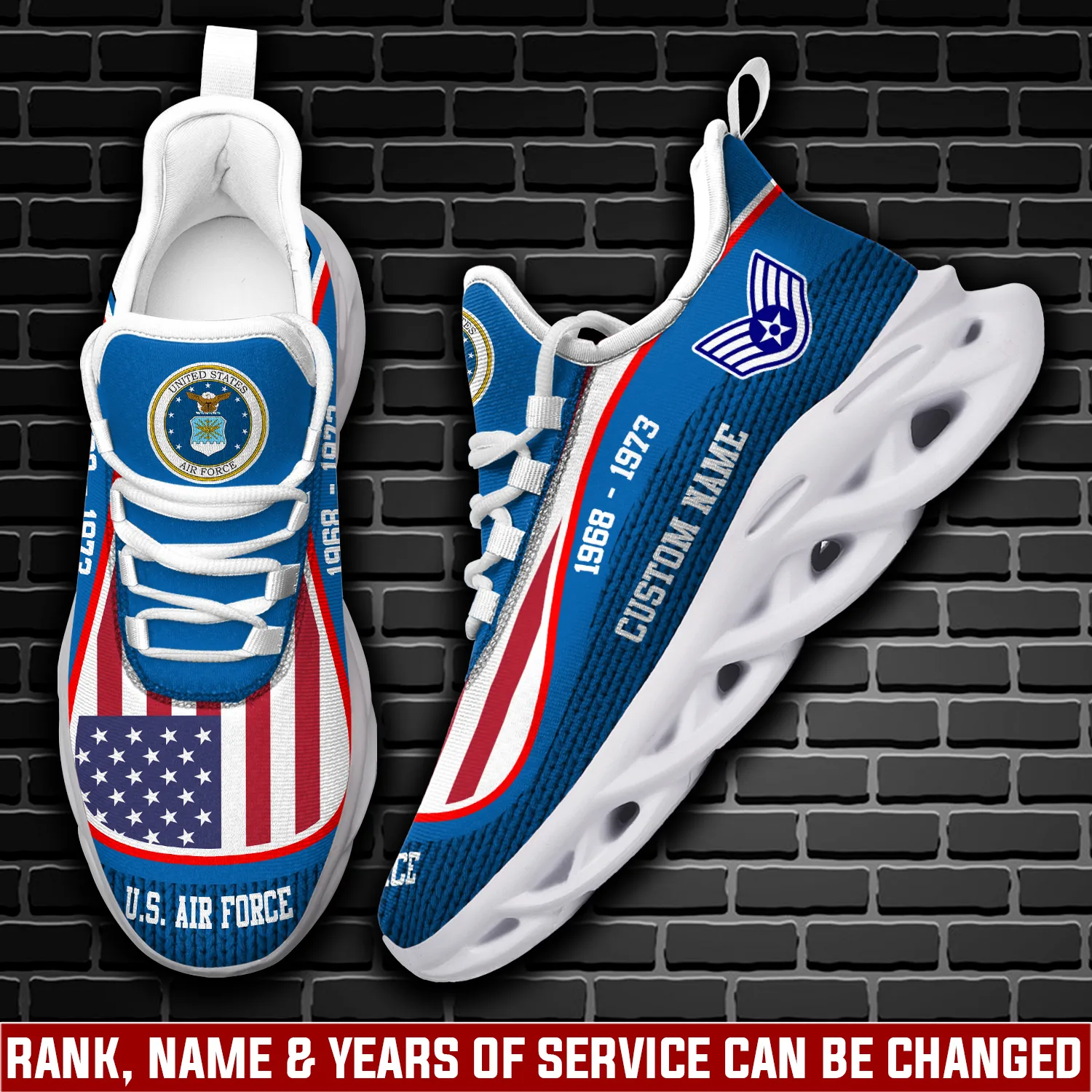 US Air Force Land Of The Free, Because Of The Brave Max Soul Shoes, Personalized Rank, Name and Years Sneakers, Airman Veteran Gift