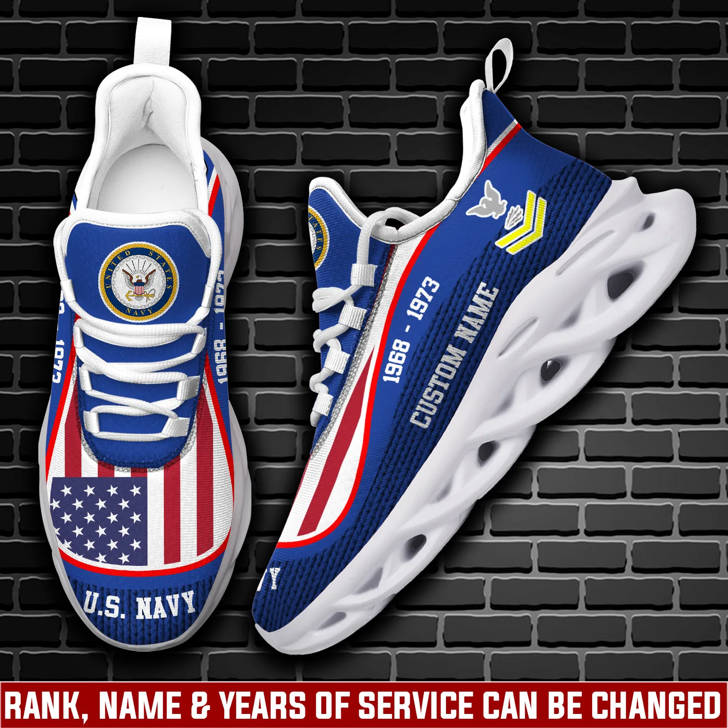 US Navy E-3 Red Max Soul Shoes, Personalized Rating, Rank, Custom Name and Years of Service, Royal Blue American Flag Veteran Sneakers