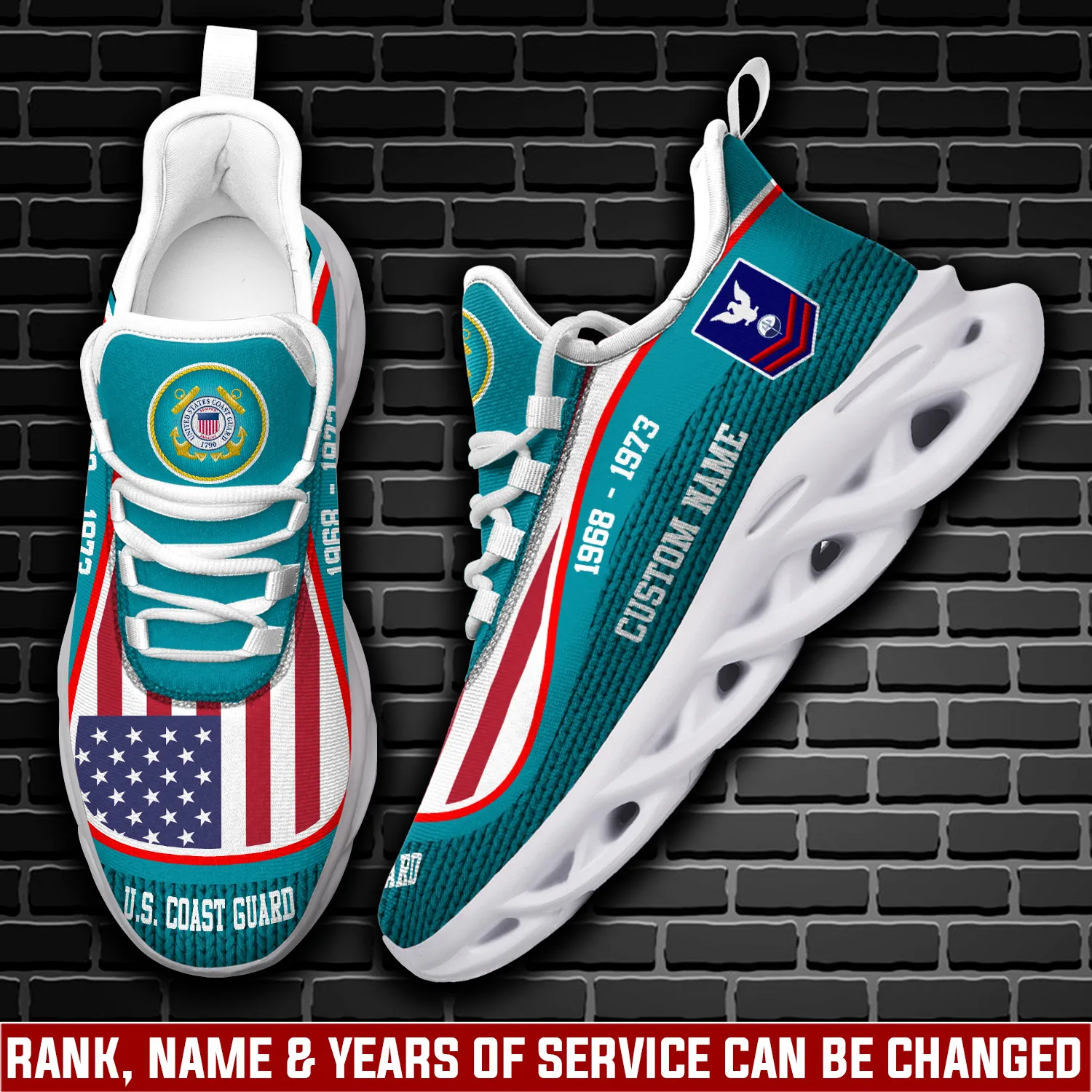 US Coast Guard E-7 Red Personalized Max Soul Shoes, Custom Name, Rating, Rank and Years of Service, American Flag Teal Veteran Sneakers