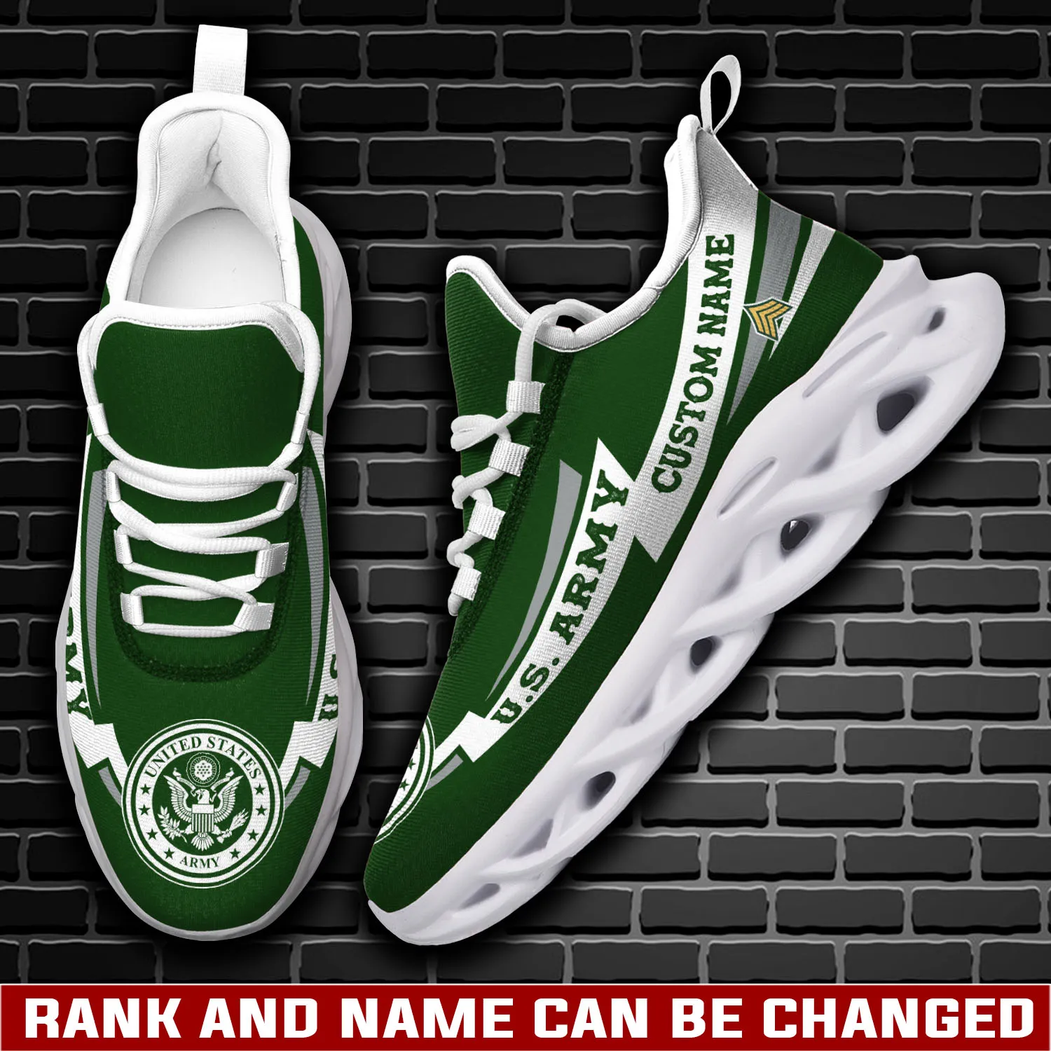 US Army Freedom Isn't Free Max Soul Shoes, Personalized Custom Name and Rank Veteran Sneakers, Military Gift for Dad and Grandpa