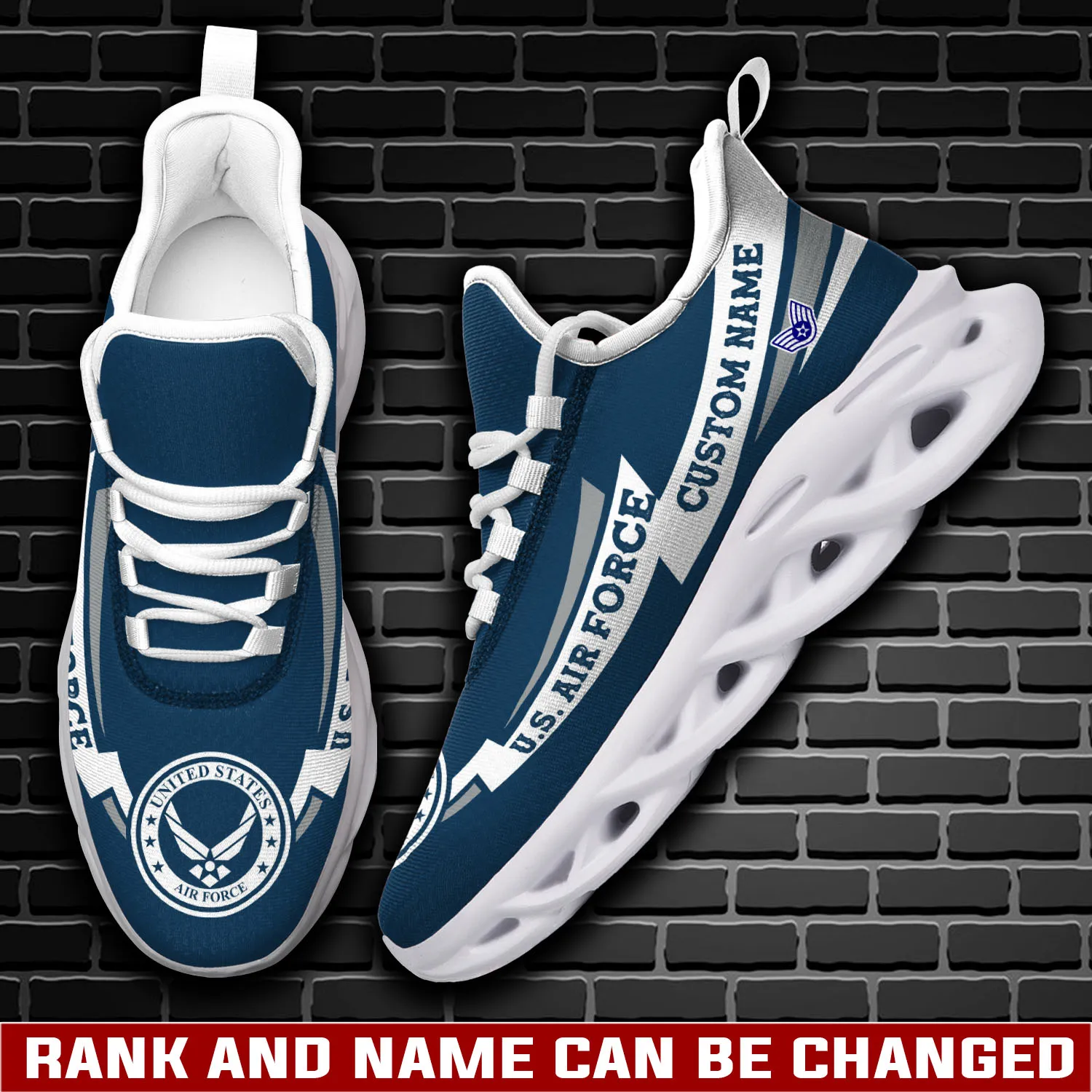 US Air Force Aim High Fly-Fight-Win Max Soul Shoes, Personalized Custom Name and Rank Veteran Sneakers, Airman Retirement Gift for Dad