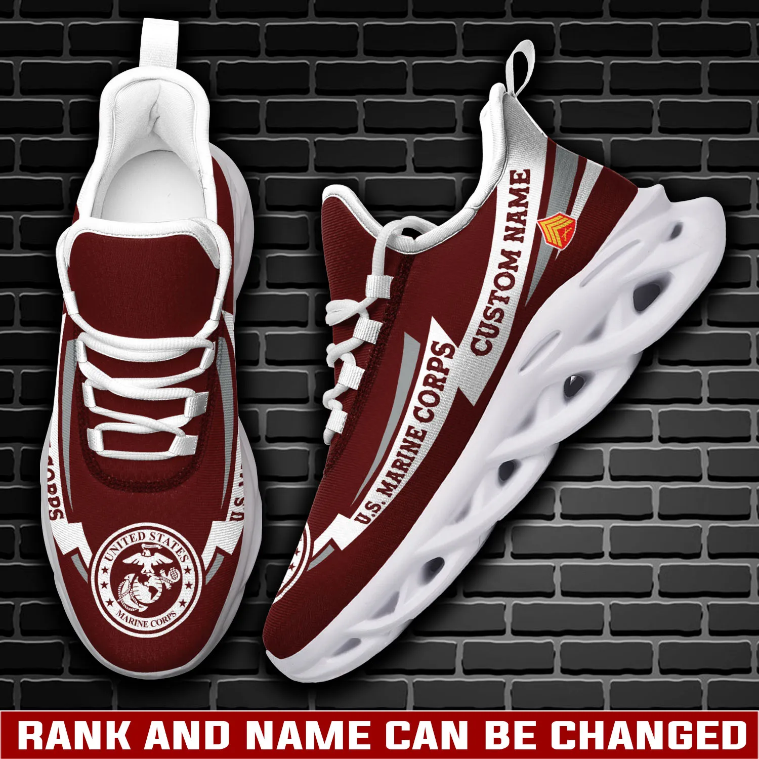 US Marine Corps No One Gets Left Behind Max Soul Shoes, Personalized Custom Name and Rank Veteran Sneakers, USMC Gift for Dad