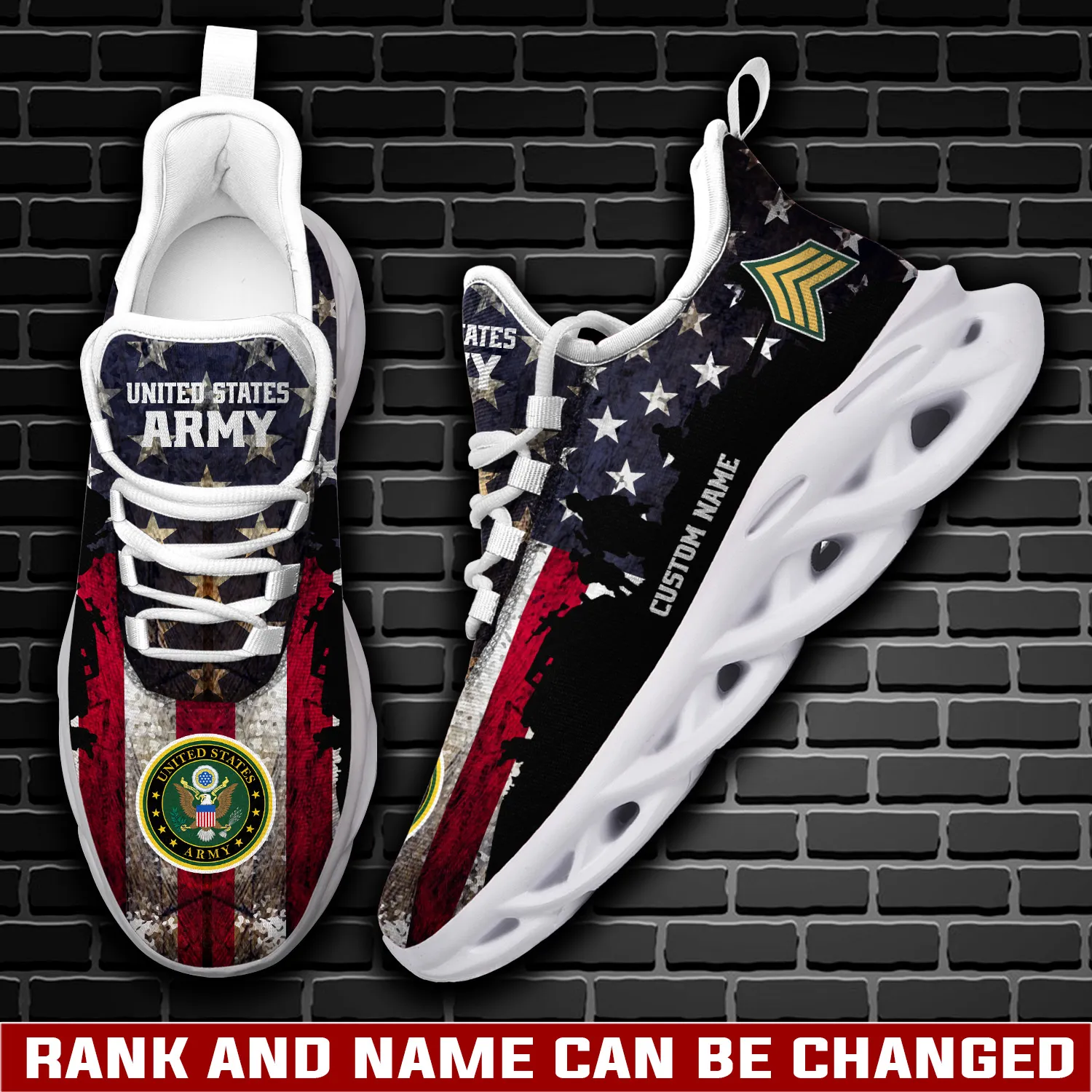 US Army O-3 Army Captain Personalized Max Soul Shoes, Custom Name and Rank, Distressed American Flag Veteran Sneakers for Soldiers