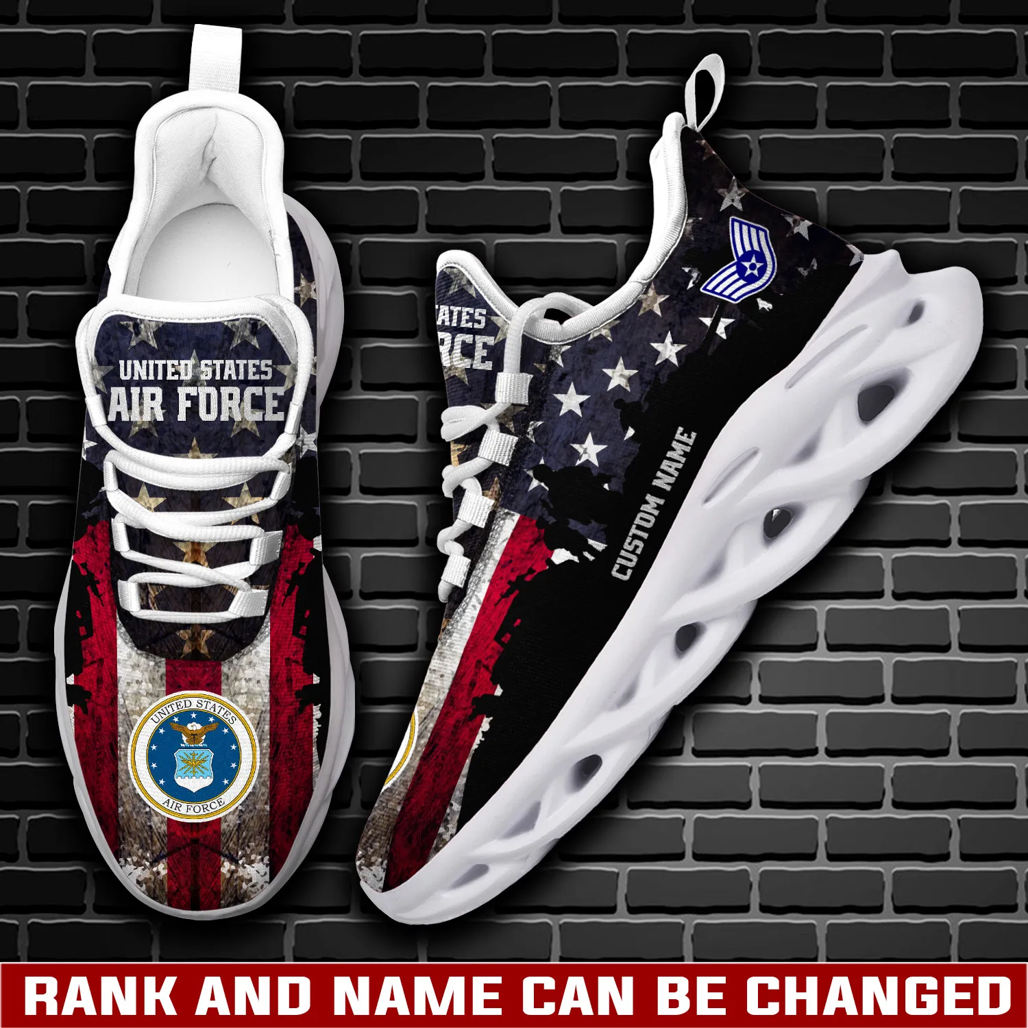 US Air Force Thank a Veteran Personalized Max Soul Shoes, Custom Name and Rank, Distressed American Flag Airman Sneakers, Patriotic Gift