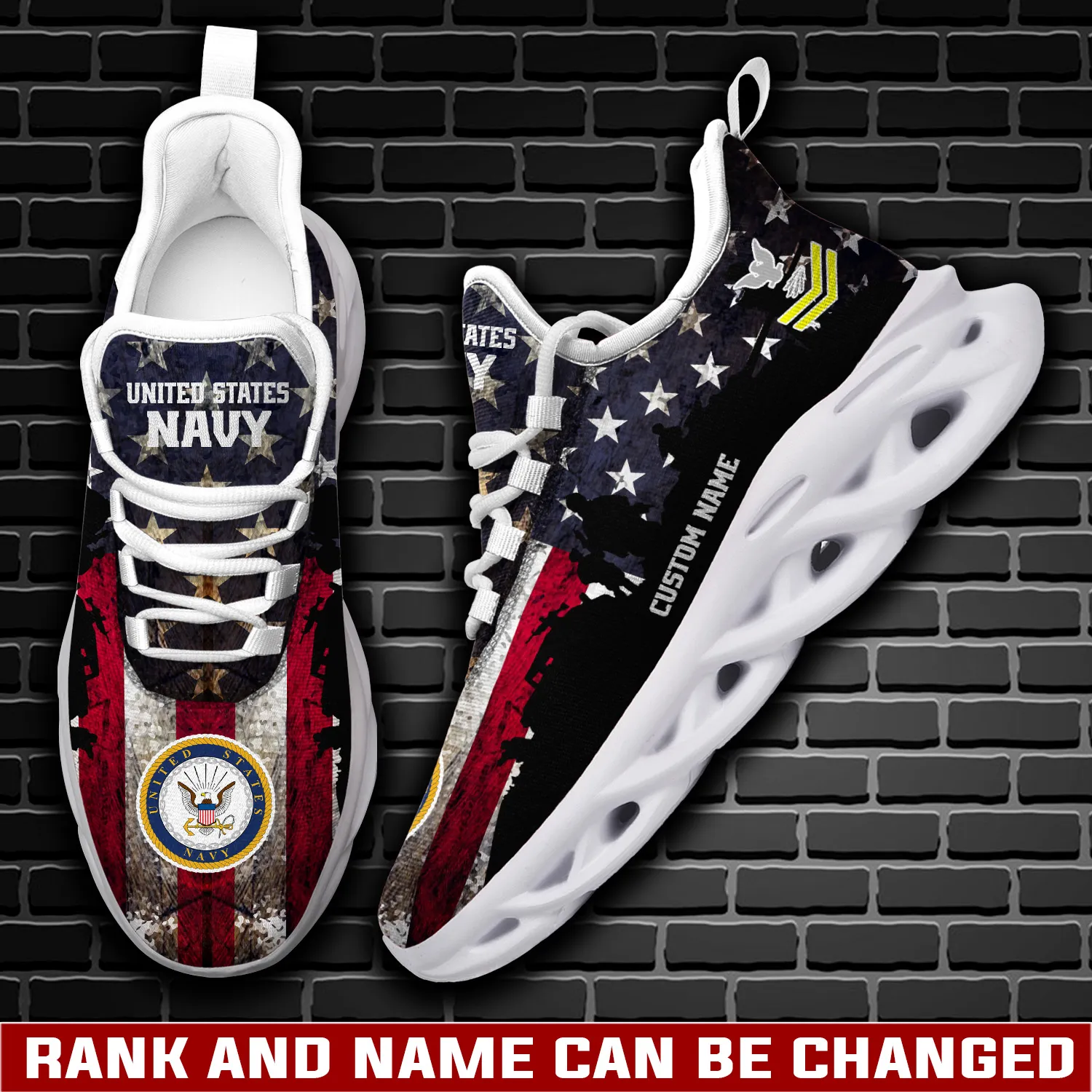 US Navy E-6 Gold Personalized Max Soul Shoes, Custom Name, Rating and Rank, Distressed American Flag Veteran Sneakers, Patriotic Gift for Sailors