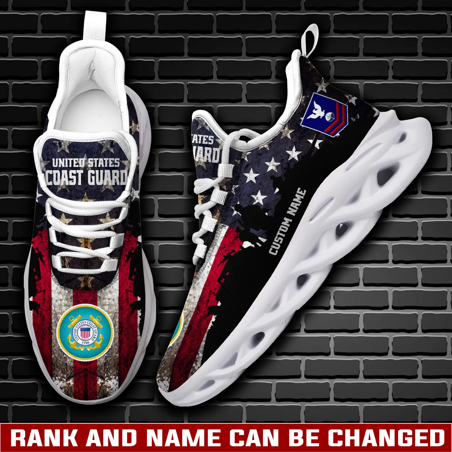 US Coast Guard E-2 White Personalized Max Soul Shoes, Custom Name and Rating Coastie Sneakers, Distressed Flag Veteran Gift for Dad