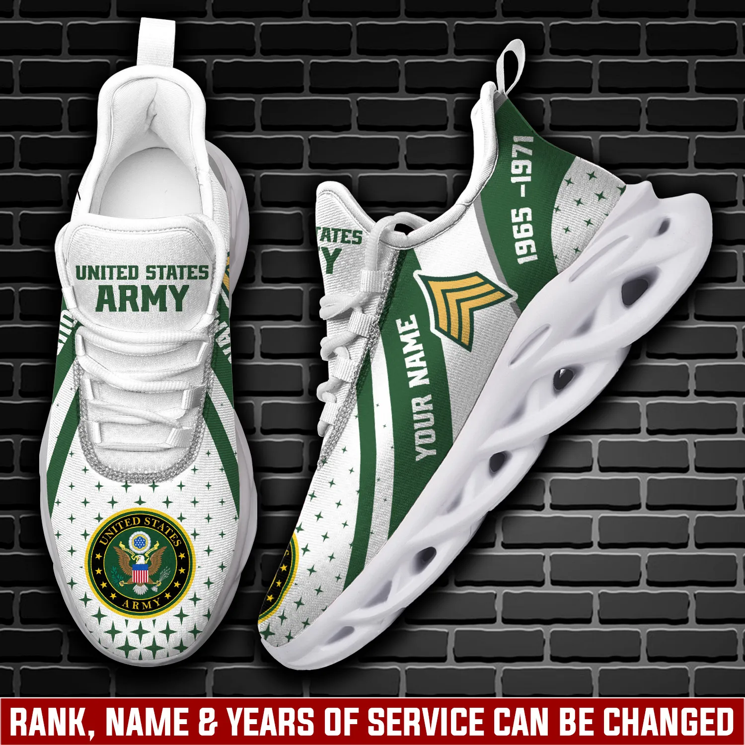 US Army E-6 Army Staff Sergeant Personalized Max Soul Shoes, Your Name and Years of Service, White and Green Star Veteran Sneakers for Soldiers
