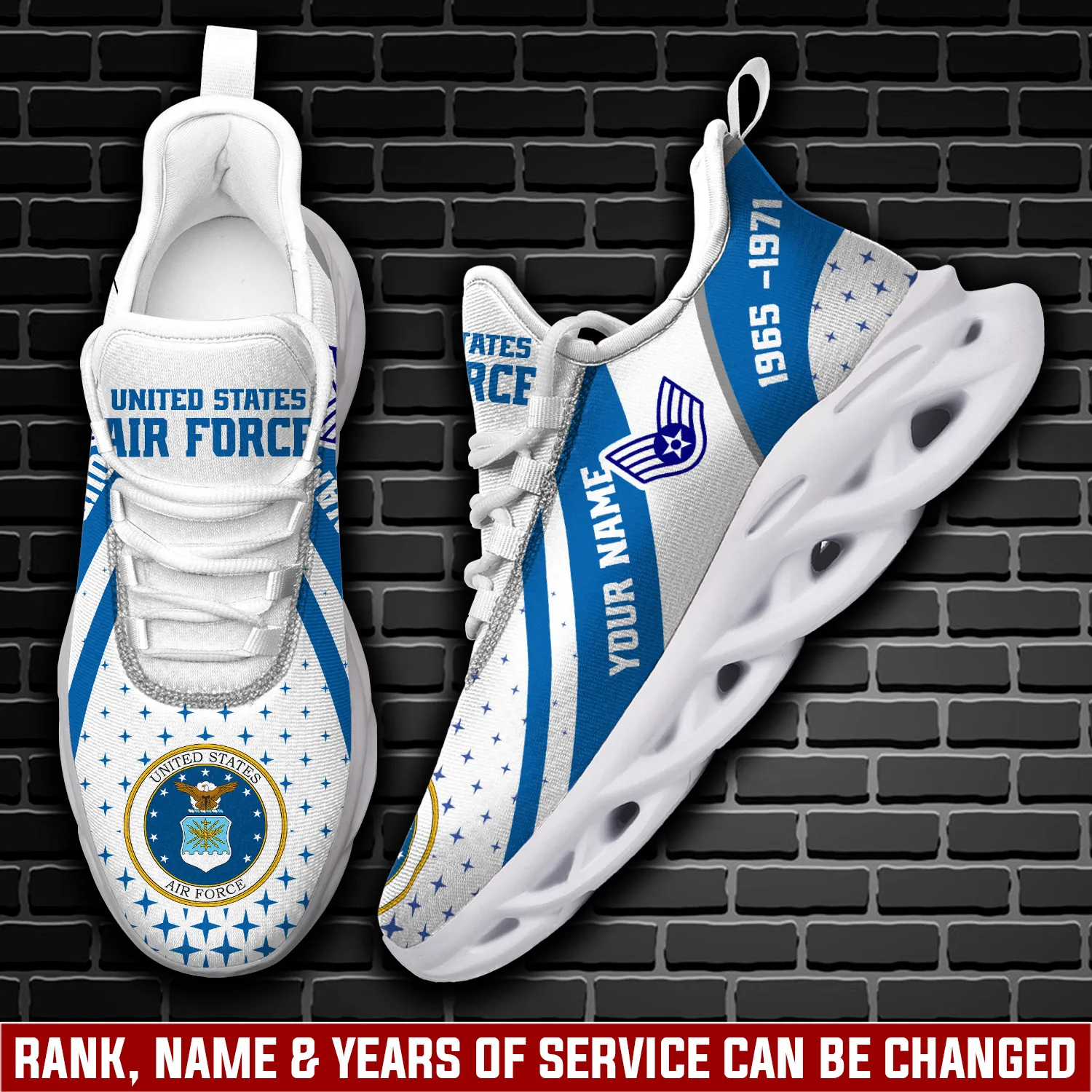 US Air Force E-9 Air Force Command Chief Master Sergeant Personalized Max Soul Shoes, Custom Name and Years of Service, White and Blue Sneakers