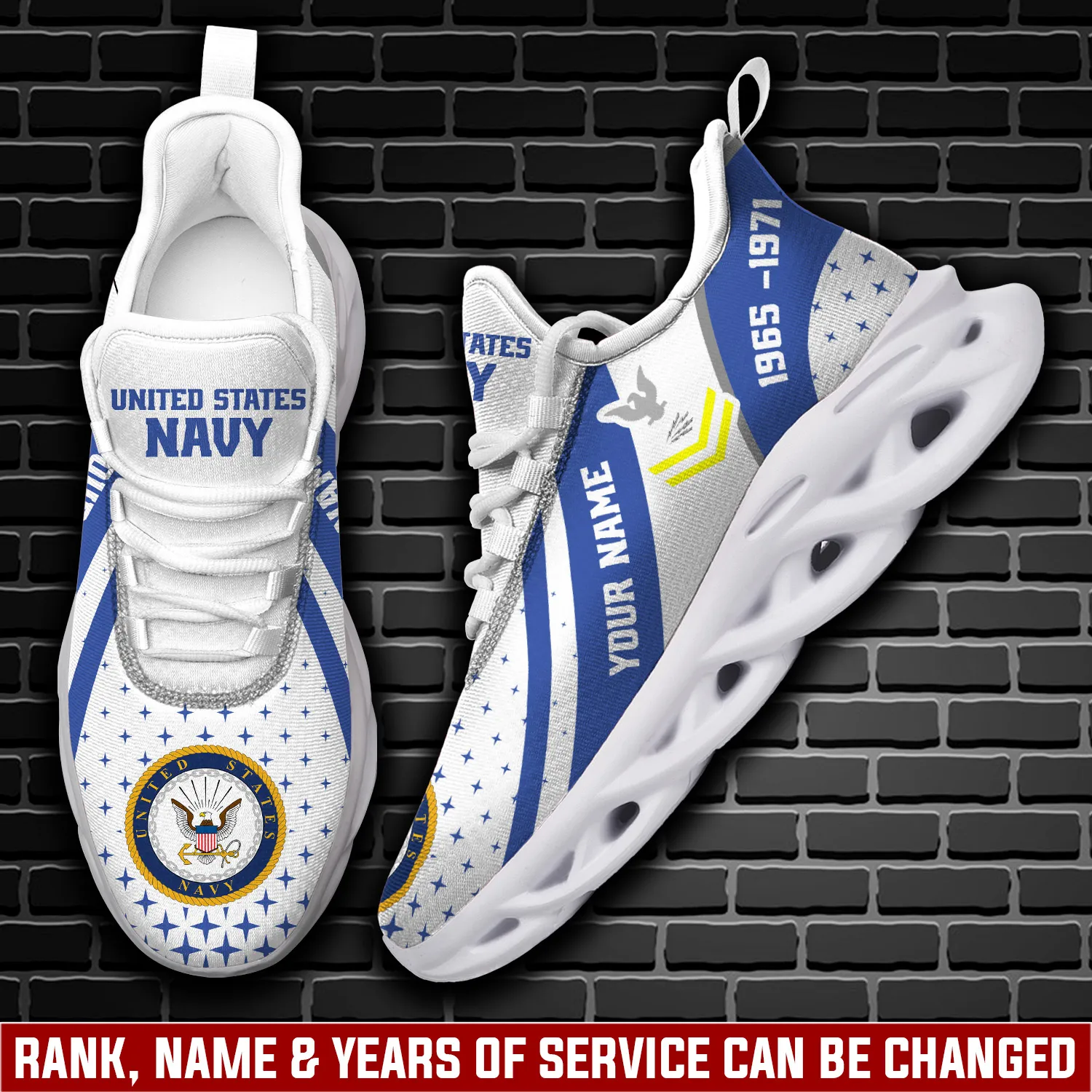 US Navy E-6 Gold Personalized Max Soul Shoes, Your Name, Rating, Rank and Years of Service, White and Blue Star Veteran Sneakers for Sailors