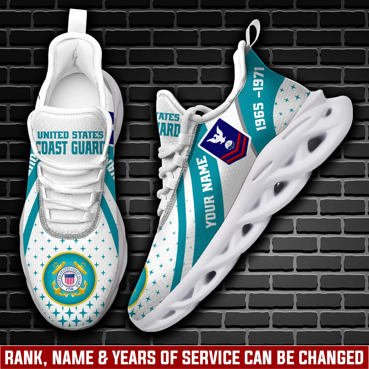 US Coast Guard E-2 Blue Personalized Max Soul Shoes, Your Name, Rating, Rank and Years of Service, White and Teal Star Veteran Sneakers