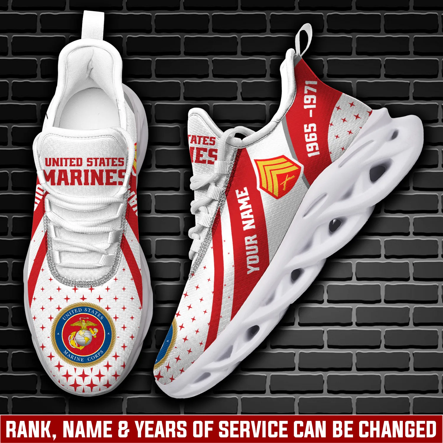 US Marine Corps E-7 Gunnery Sergeant Max Soul Shoes, Personalized Rank, Name and Years, Red and White Veteran Sneakers, USMC Gift