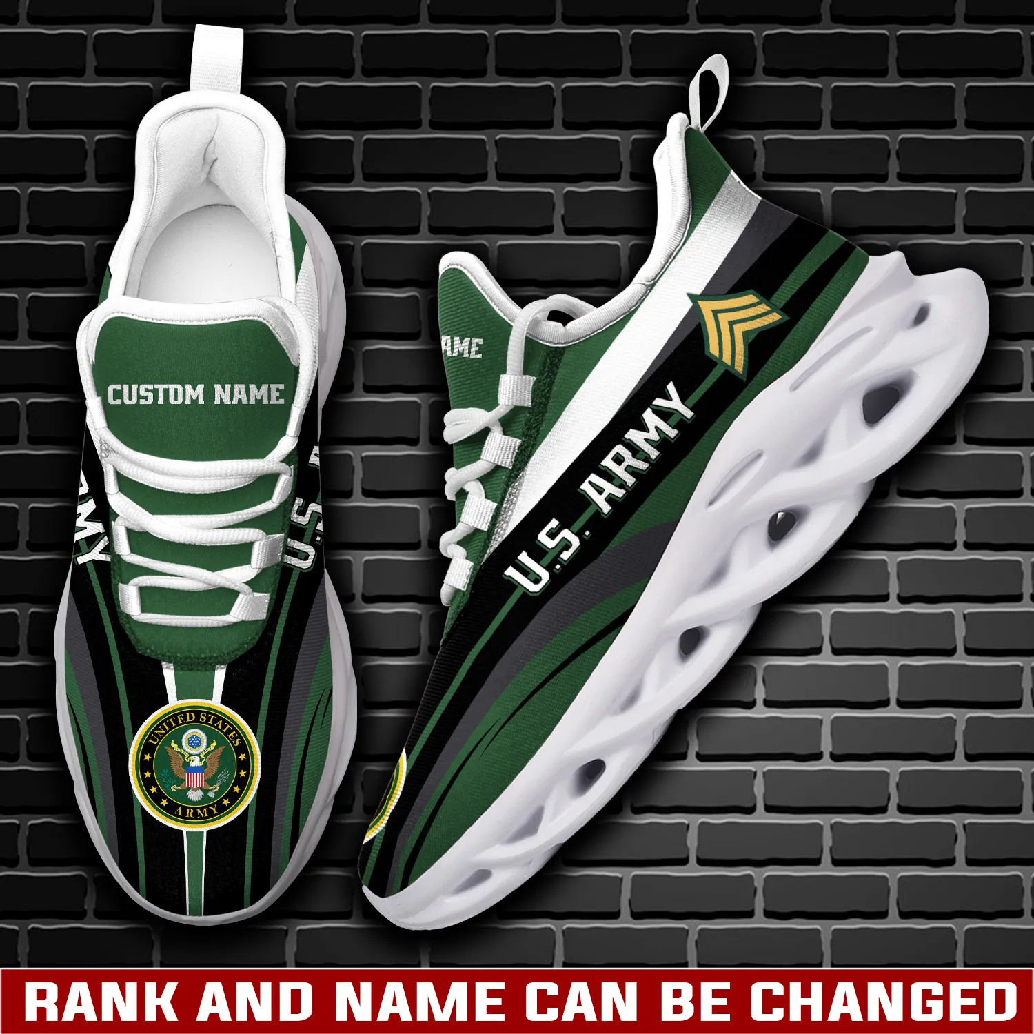 US Army E-6 Specialist Max Soul Shoes, Personalized Rank and Custom Name, Green and Black Veteran Sneakers, Military Gift for Dad
