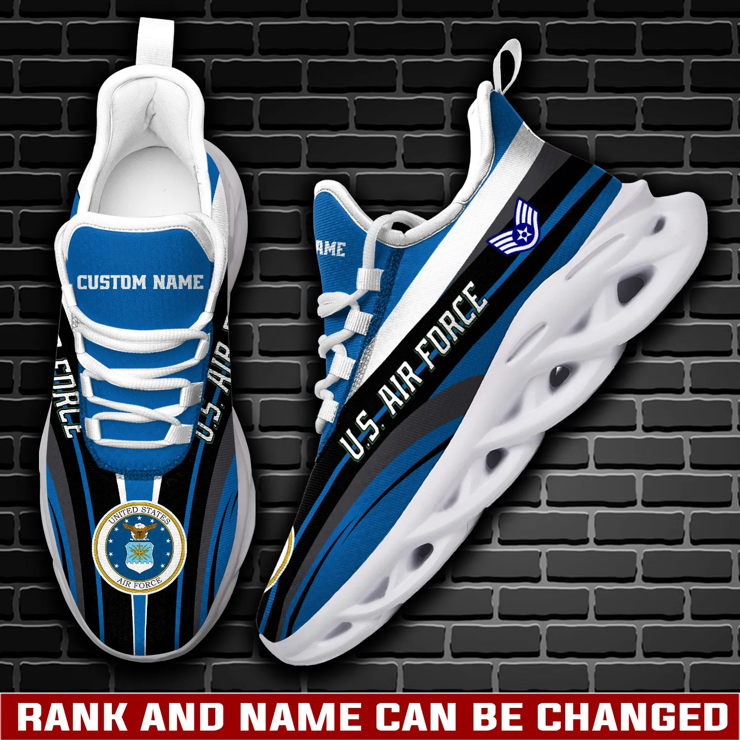 US Air Force O-4 Major Max Soul Shoes, Personalized Rank and Custom Name, Blue and Black Veteran Sneakers, Officer Gift for Dad