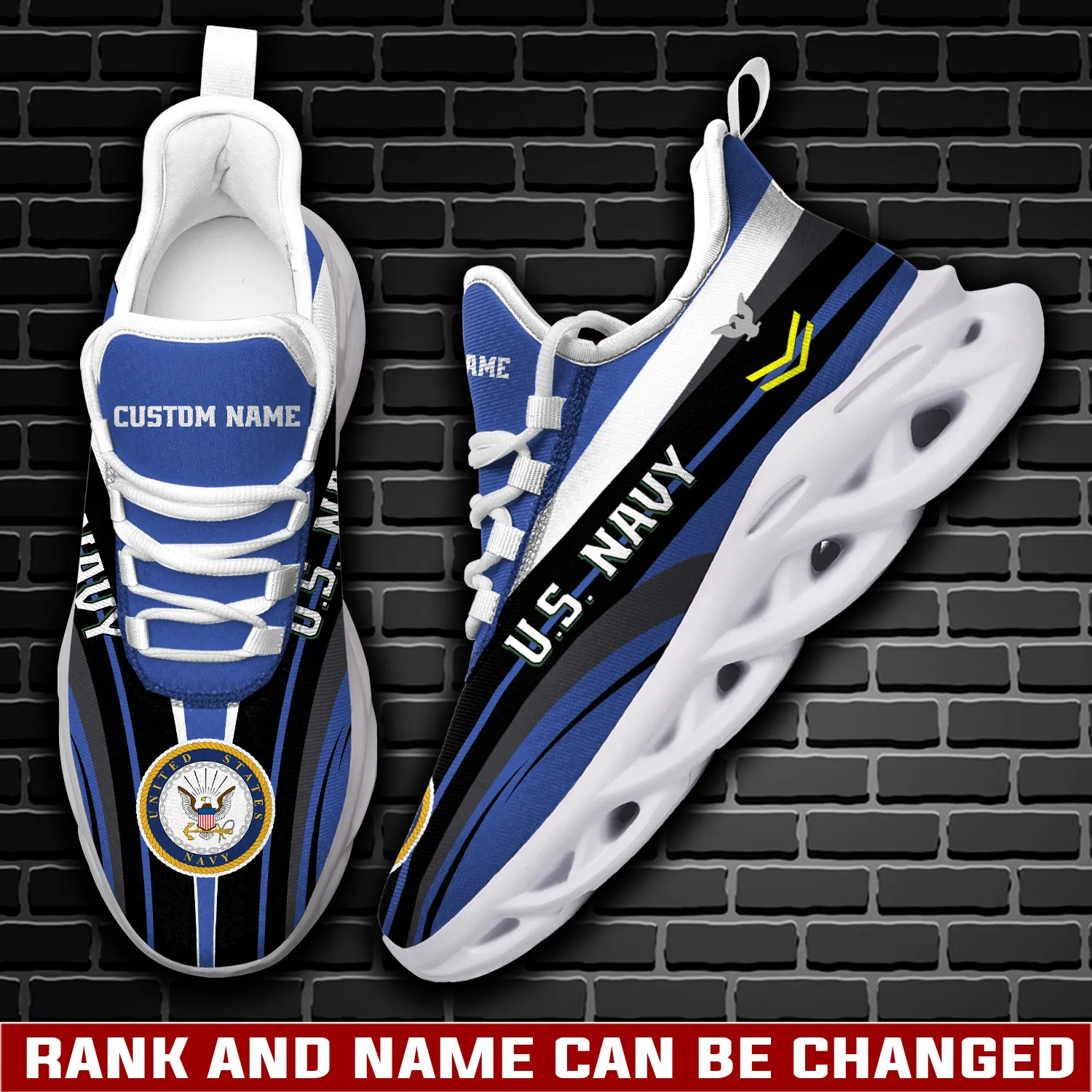 US Navy E-3 Blue Personalized Max Soul Shoes, Custom Name, Rating and Rank, Blue and Black Striped Veteran Sneakers, Gift for Sailors