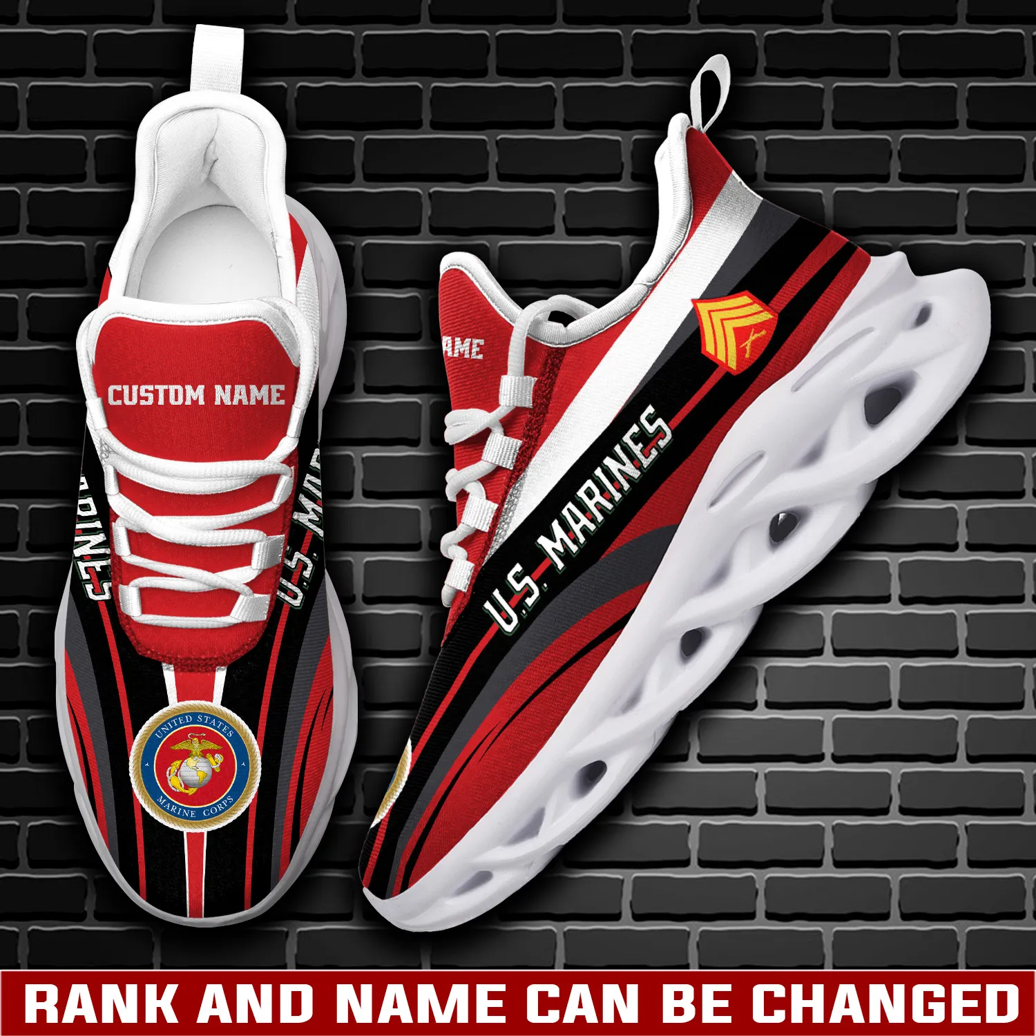 US Marine Corps E-5 Marines Sergeant Personalized Max Soul Shoes, Custom Name, Red and Black Veteran Sneakers, Military Gift for Dad