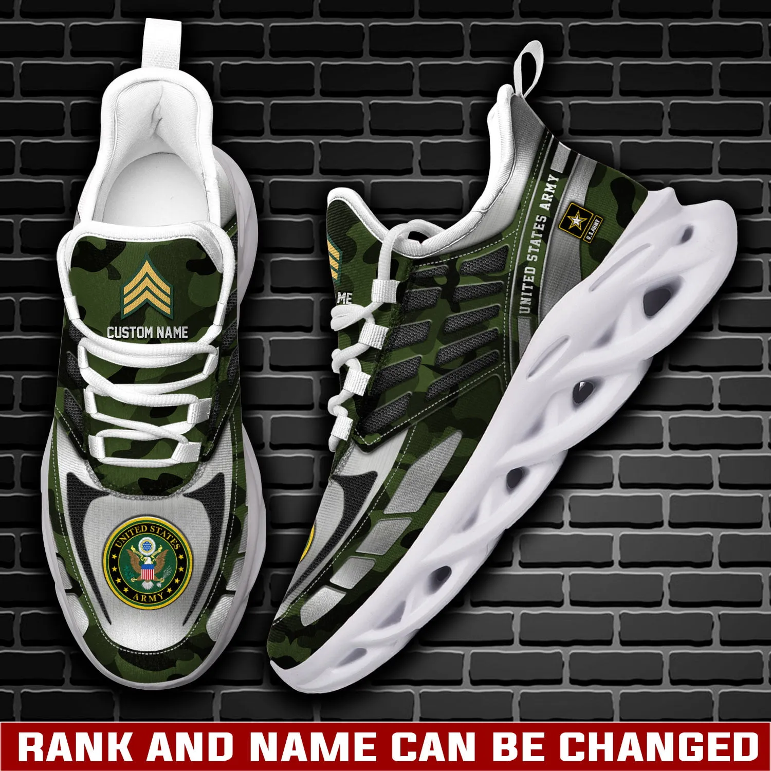 US Army E-9 Army Command Sergeant Major Personalized Max Soul Shoes, Custom Name and Rank, Green Camo Veteran Sneakers, Military Gift