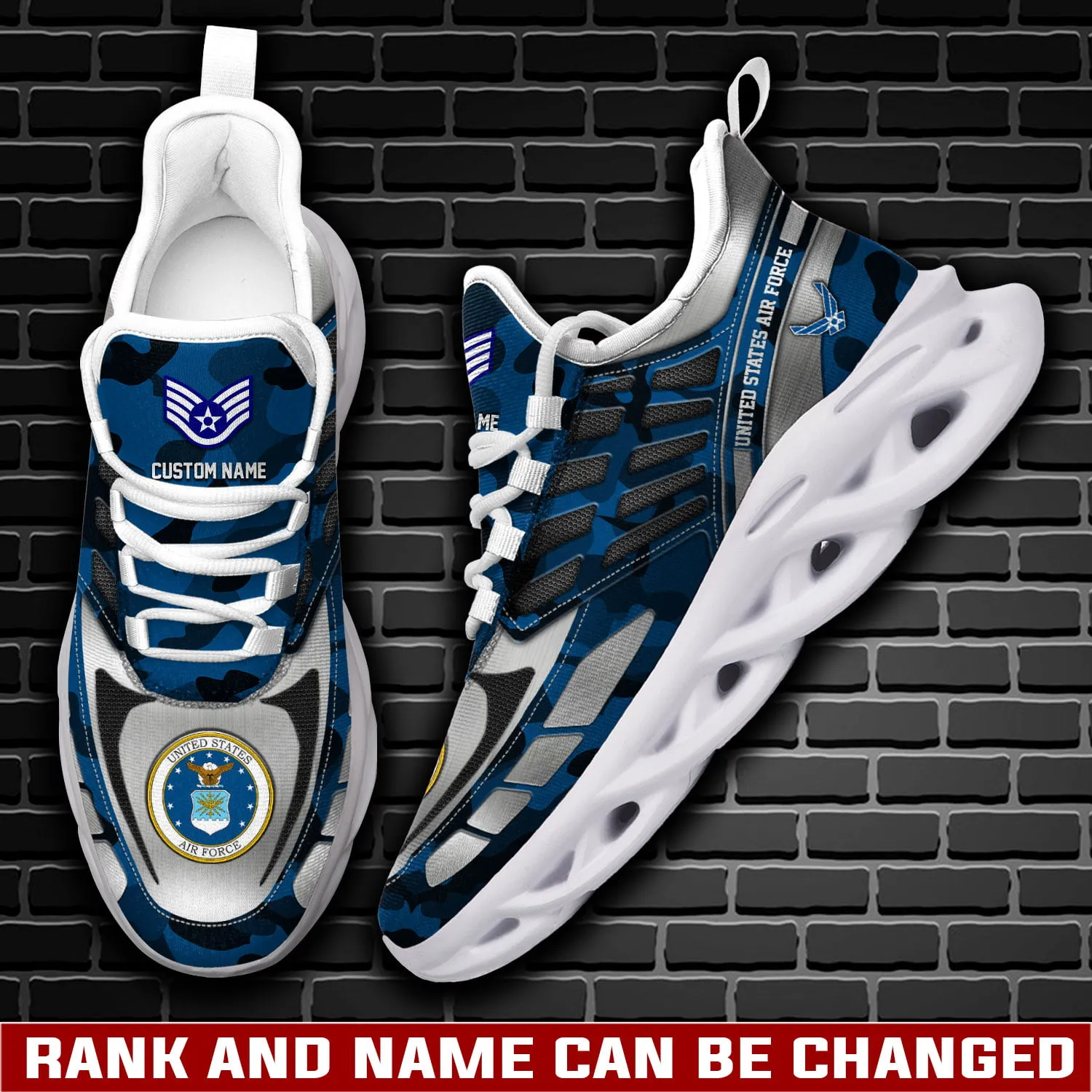 US Air Force O-6 Air Force Colonel Personalized Max Soul Shoes, Custom Name and Rank, Camo Panel Veteran Sneakers, Gift for Airmen