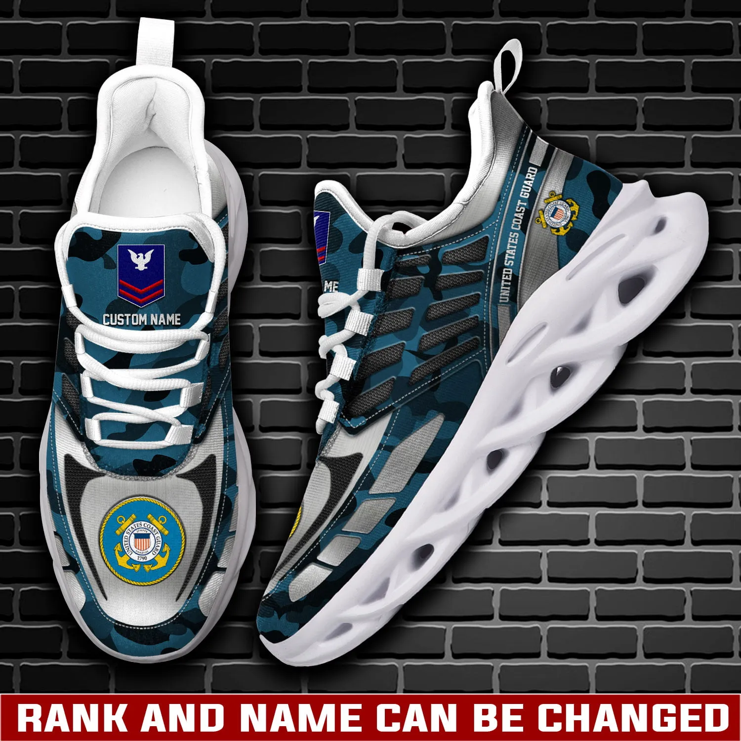 US Coast Guard E-7 Gold Max Soul Shoes, Personalized Custom Name, Rank and Rating, Blue Camo Veteran Running Sneakers, Retired Military Gift