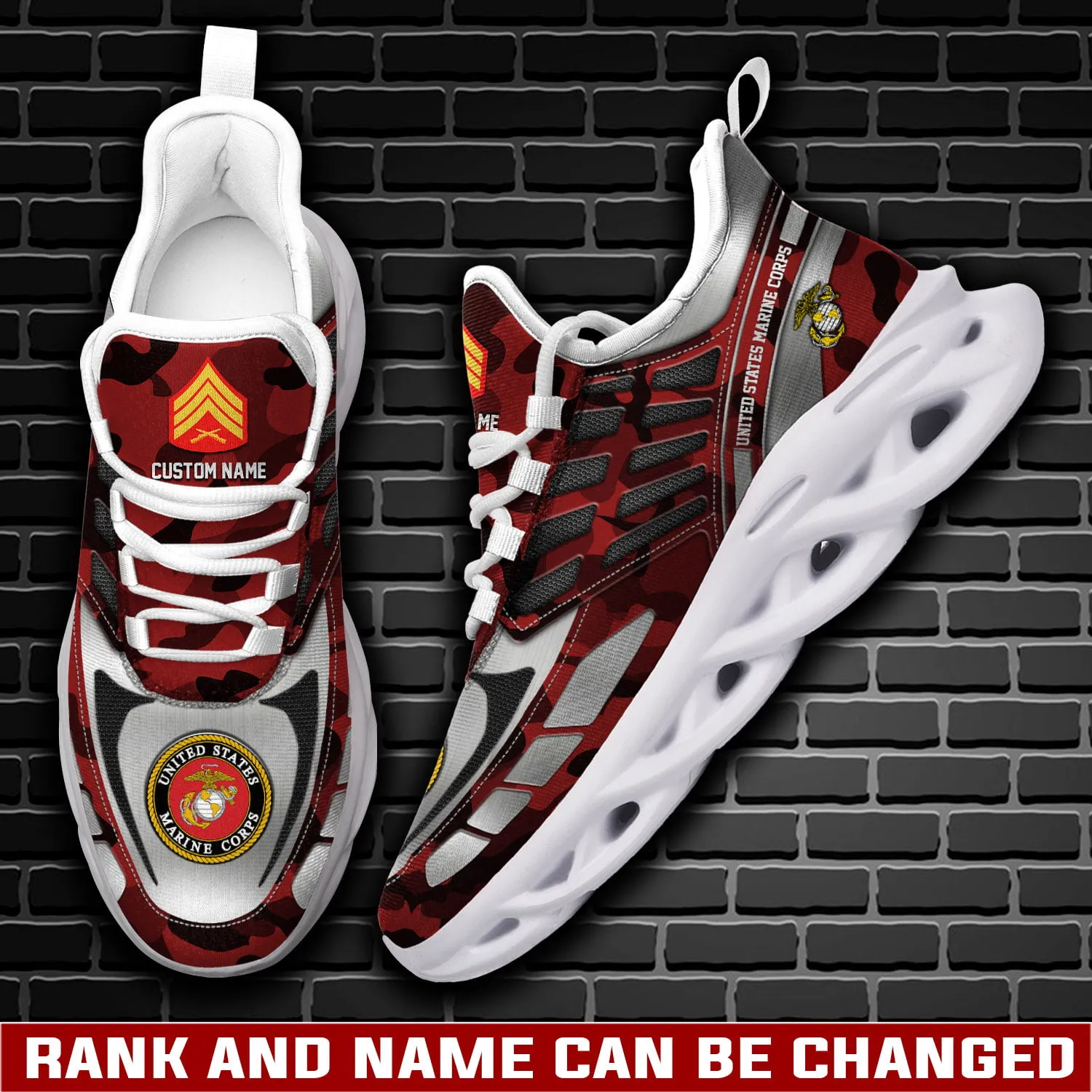 US Marine Corps E-9 Sergeant Major Max Soul Shoes, Personalized Rank and Custom Name, Red Camo Veteran Sneakers, USMC Gift for Dad