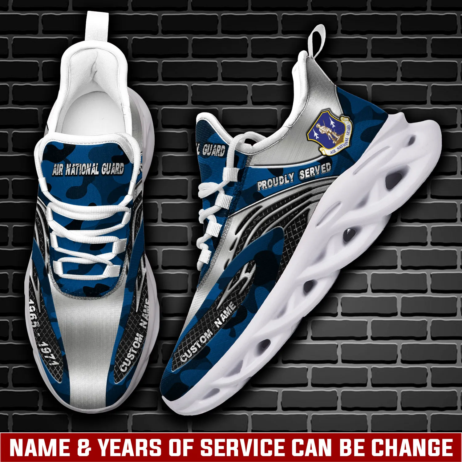Air National Guard E-8 Air Force First Sergeant Personalized Max Soul Shoes, US Air Force Custom Name, Blue Camo Veteran Sneakers for Airmen