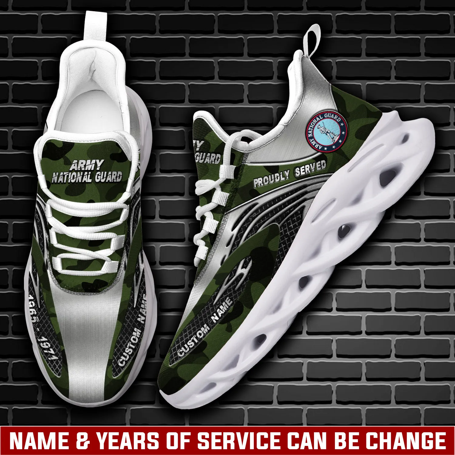 Personalized Army National Guard O-5 Army Lieutenant Colonel Max Soul Shoes, Custom Name and Years of Service, Camo Army Sneakers