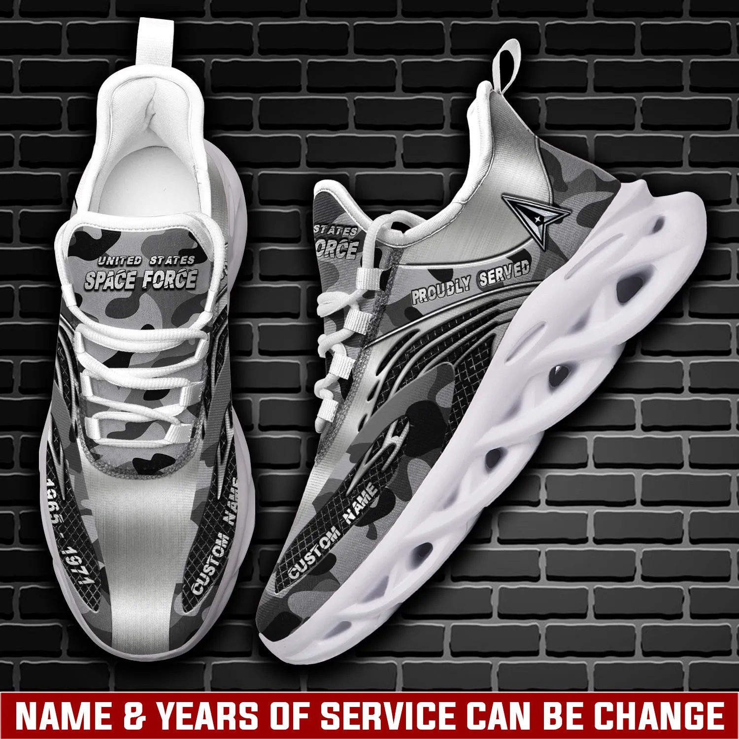 US Space Force Personalized Max Soul Shoes, Custom Name, Rank and Years of Service, Grey Camo Guardian Veteran Sneakers, Military Gift for Dad