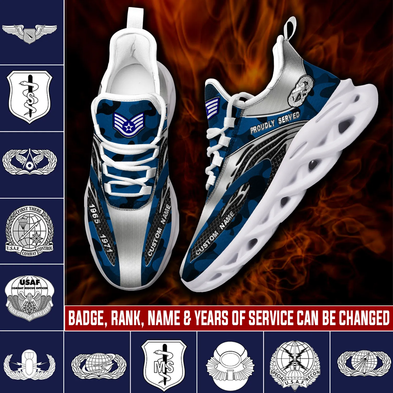 US Air Force Badge Service Before Self Personalized Max Soul Shoes, Custom Name and Years of Service, Blue Camo Airman Veteran Sneakers