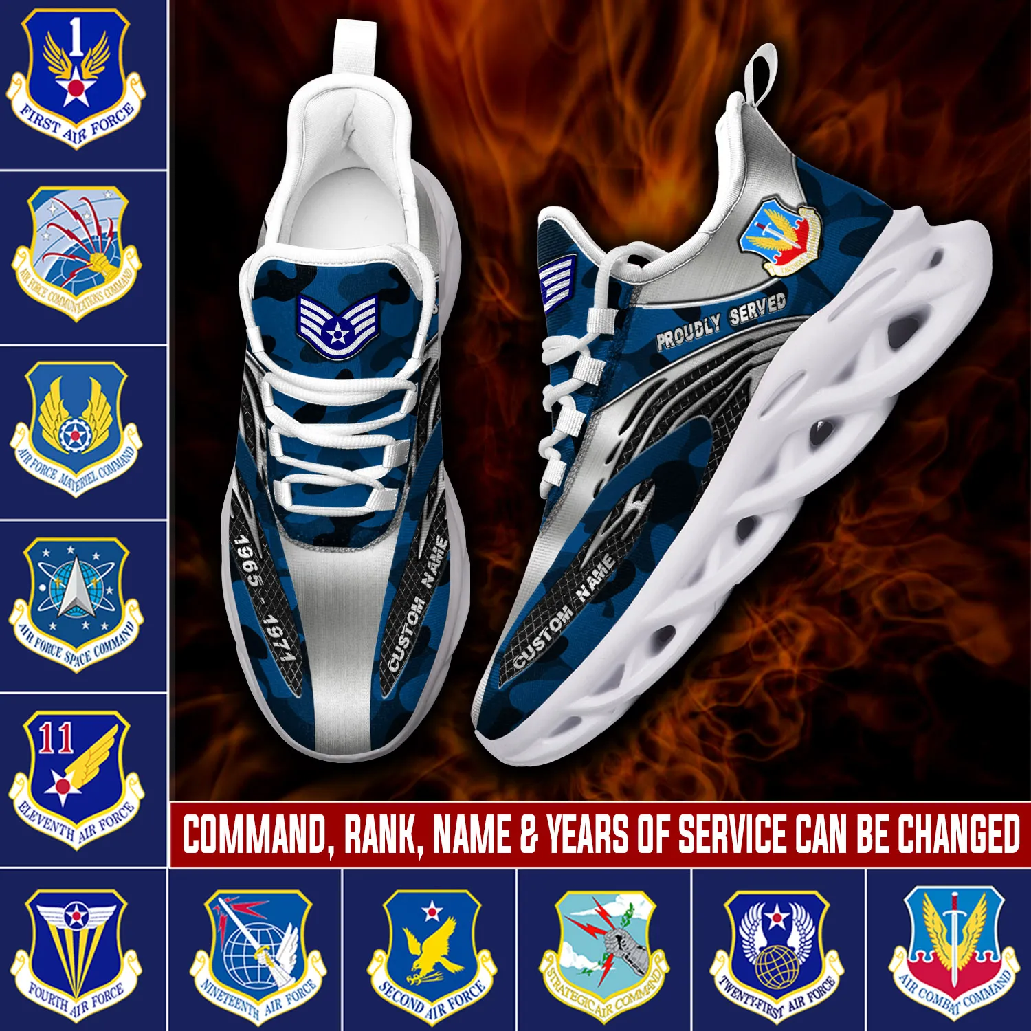 US Air Force Command E-6 Air Force Technical Sergeant Personalized Max Soul Shoes, Custom Name and Years of Service, Blue Camo Veteran Sneakers