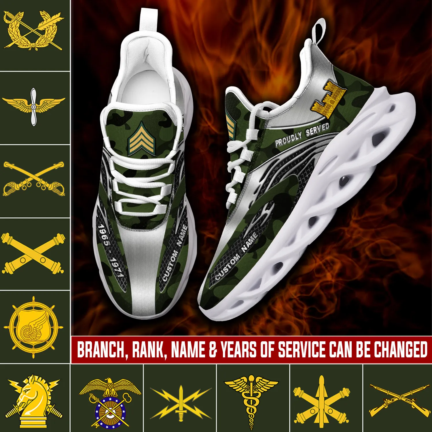 Personalized US Army Branch E-6 Army Staff Sergeant Max Soul Shoes, Custom Name Rank and Years, Camo Army Veteran Sneakers