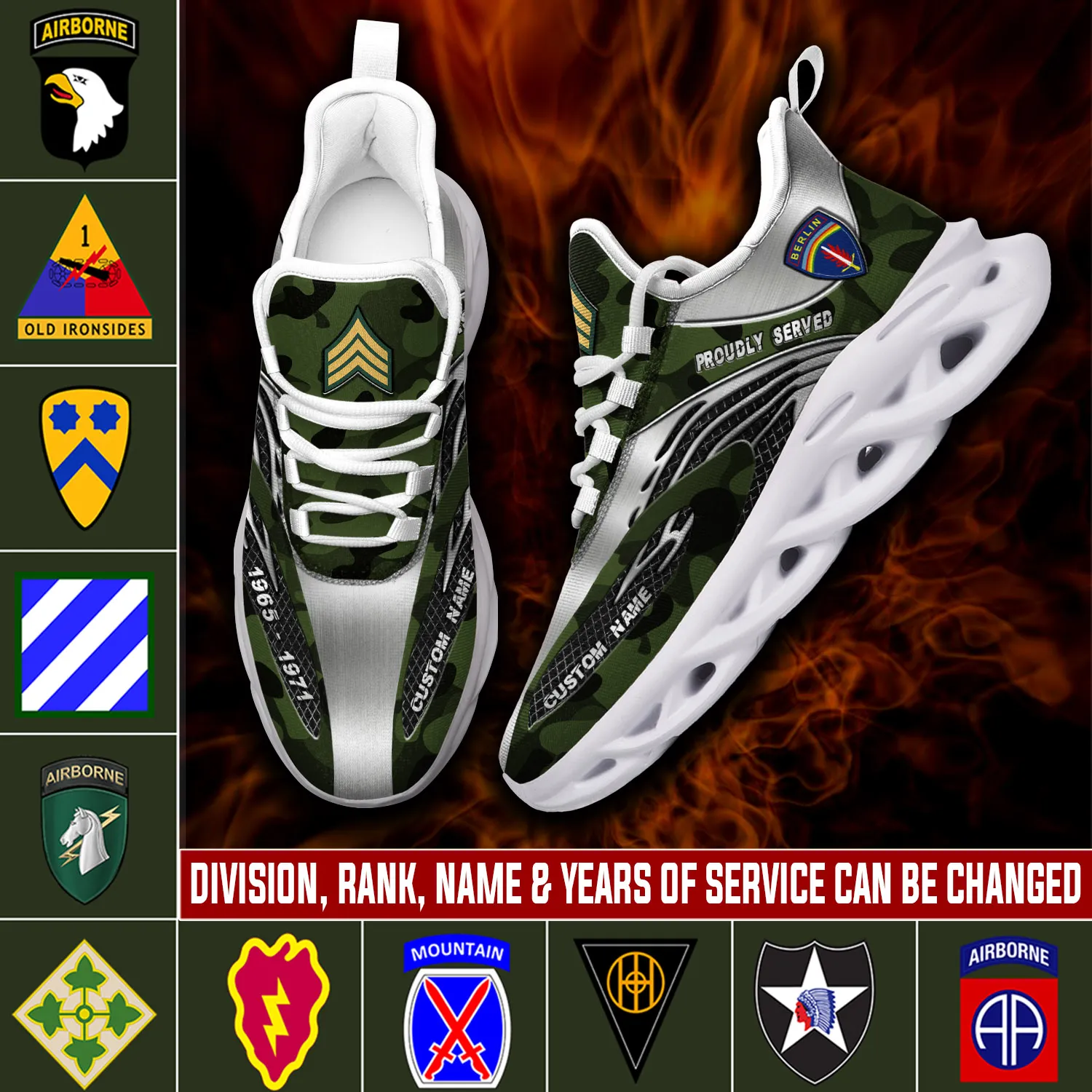 US Army Division O-4 Army Major Personalized Max Soul Shoes, Custom Name and Years of Service, Green Woodland Camo Veteran Sneakers for Soldiers