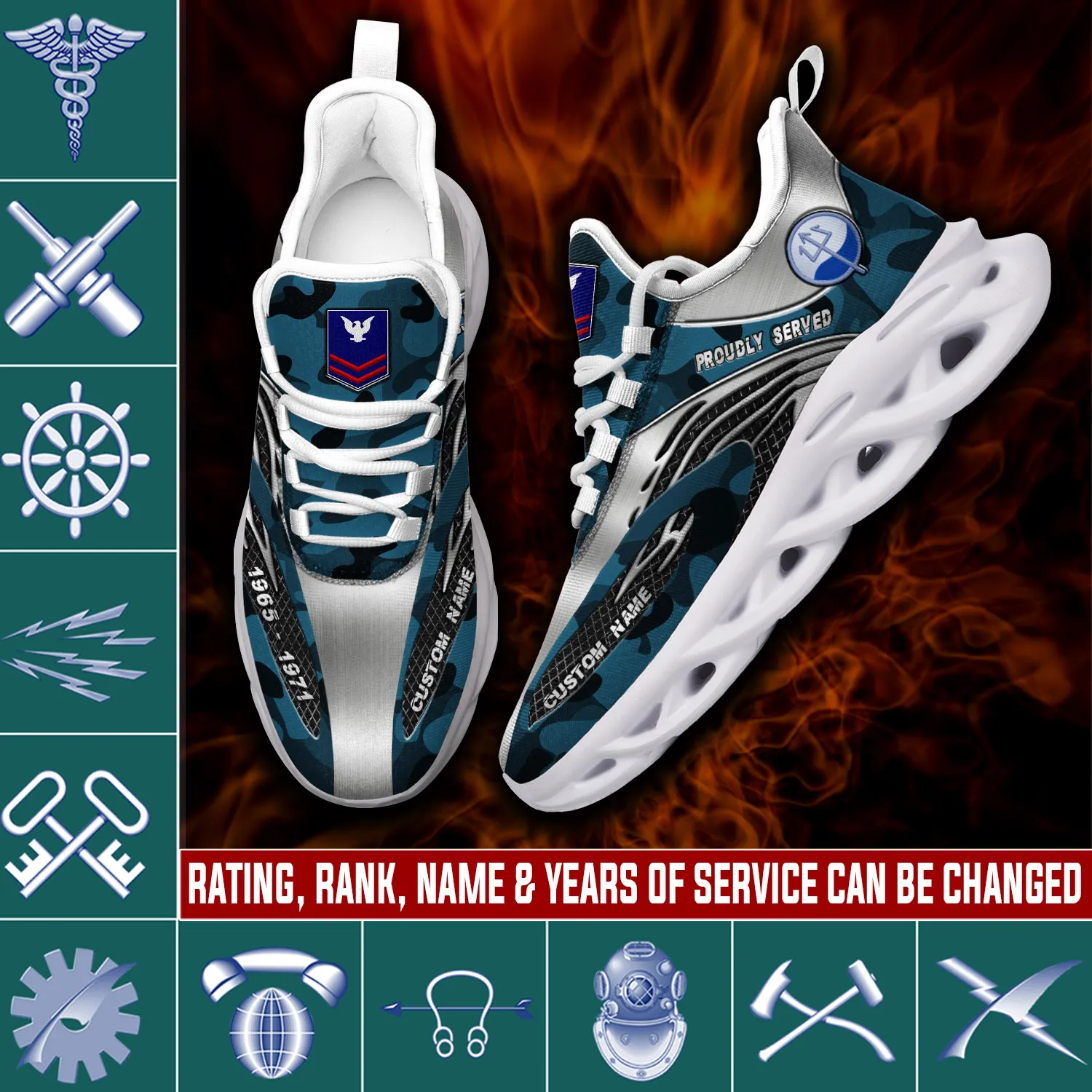 US Coast Guard Rating E-8 Gold Personalized Max Soul Shoes, Custom Name, Rank and Years of Service, Blue Camo Veteran Sneakers for Coasties