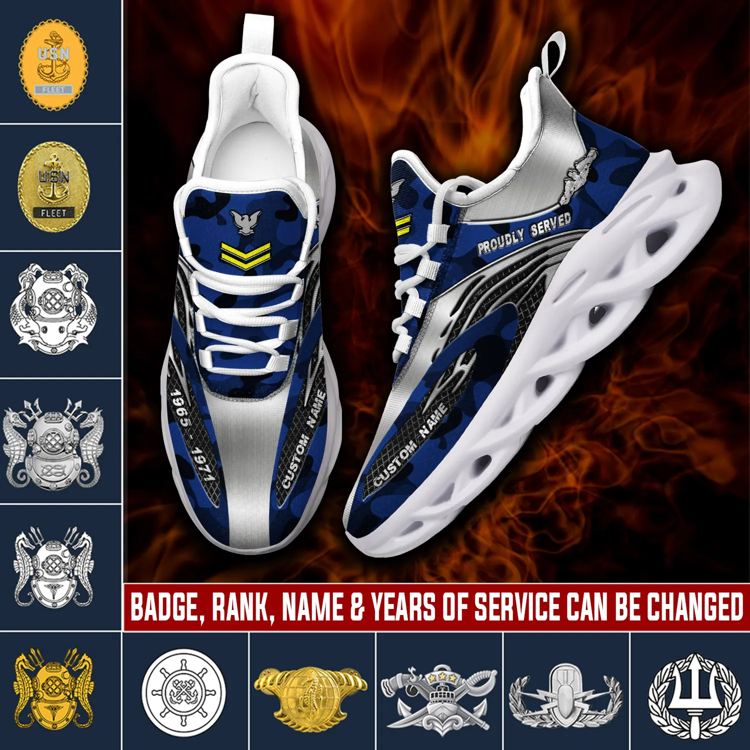 US Navy Badge E-4 Gold Personalized Max Soul Shoes, Custom Name Rating Rank and Years of Service, Blue Camo Proudly Served Sneakers