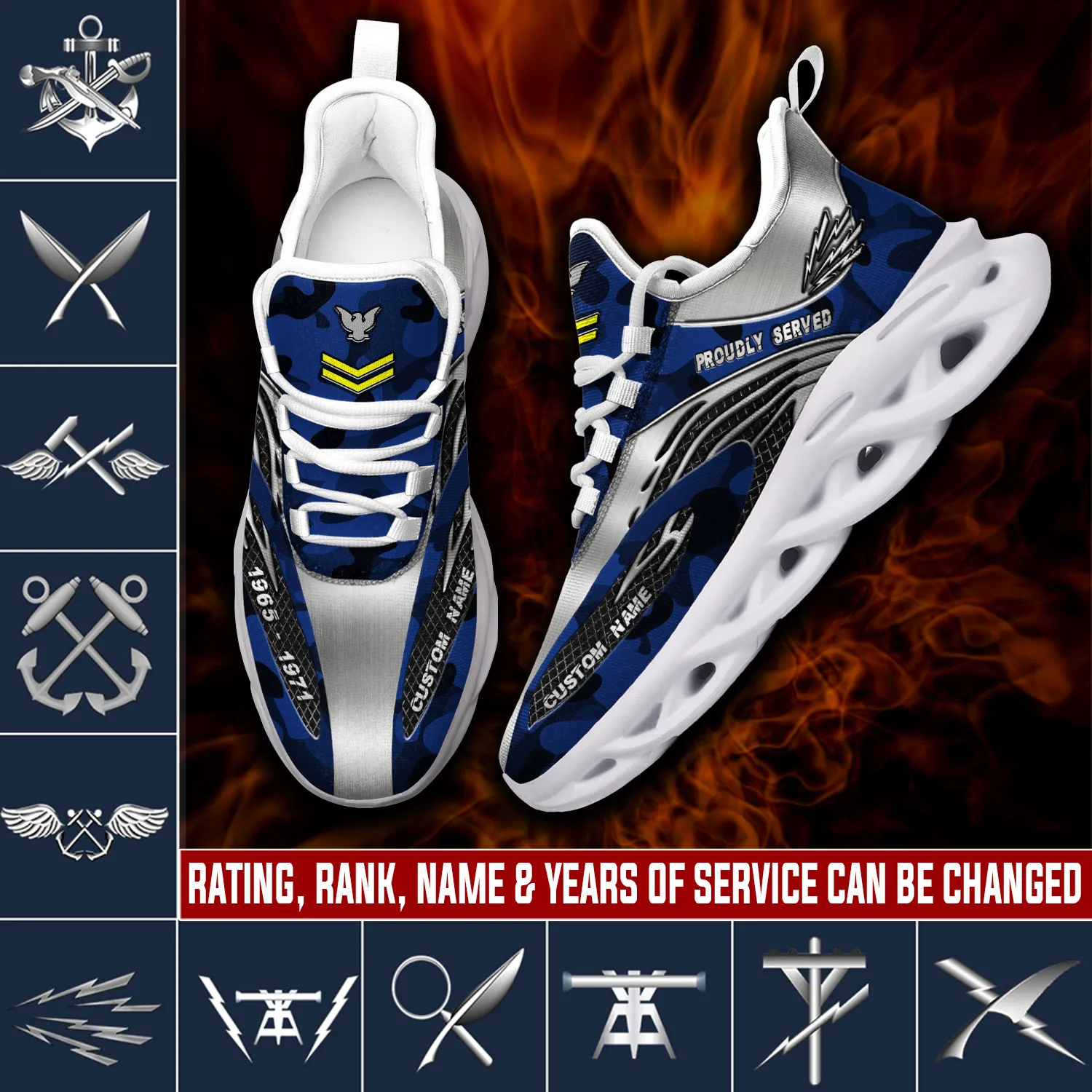 US Navy Rating E-4 Red Personalized Max Soul Shoes, Custom Name Rank and Years of Service, Blue Camo Proudly Served Sailor Sneakers
