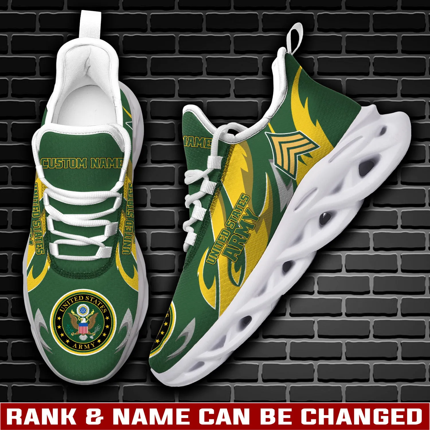 US Army E-4 Army Corporal Personalized Max Soul Shoes, Custom Name and Rank Green and Gold Veteran Sneakers, Army Gift for Dad