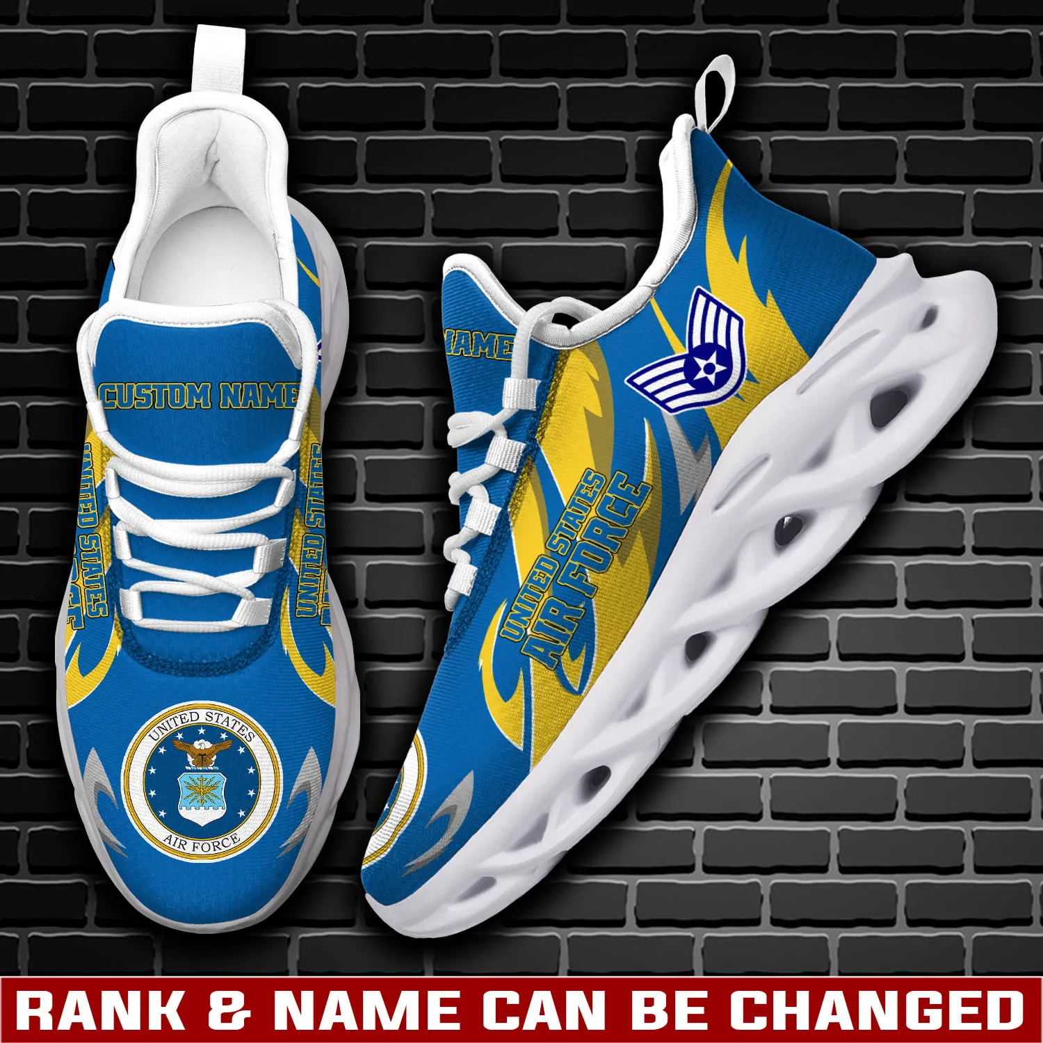 US Air Force E-8 Air Force Senior Master Sergeant Personalized Max Soul Shoes, Custom Name and Rank, Blue and Gold Veteran Sneakers