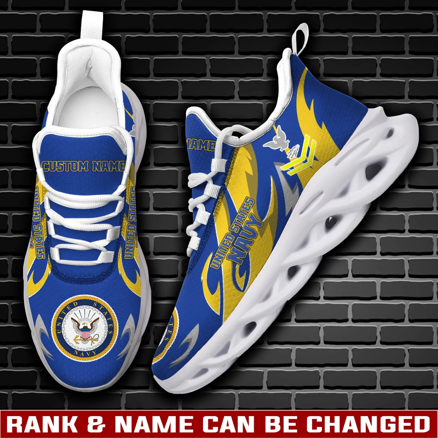 US Navy E-7 Red Personalized Max Soul Shoes, Custom Name and Rank, Blue and Gold Veteran Sneakers, Military Lace-Up Gift for Him