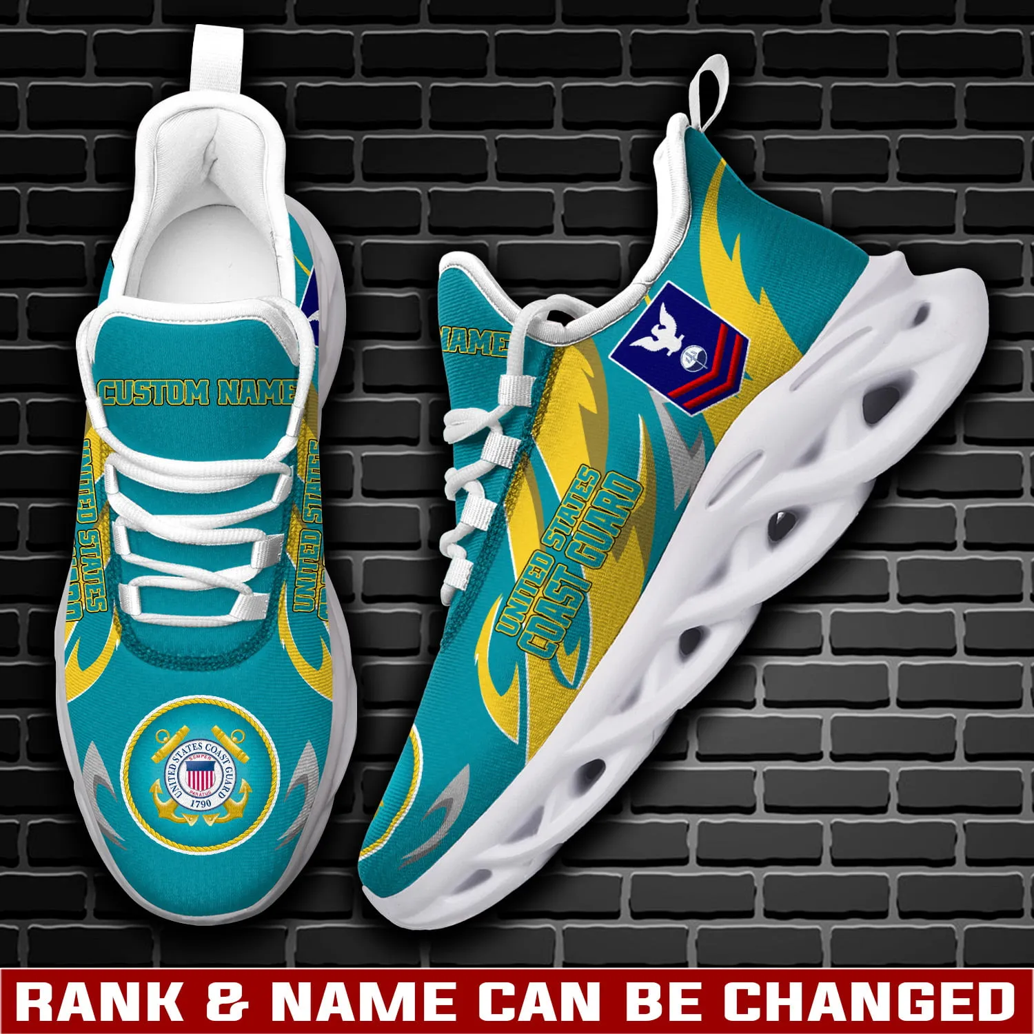 US Coast Guard E-2 White Max Soul Shoes, Personalized Rank, Rating and Custom Name, Turquoise Veteran Sneakers, Coastie Gift for Dad