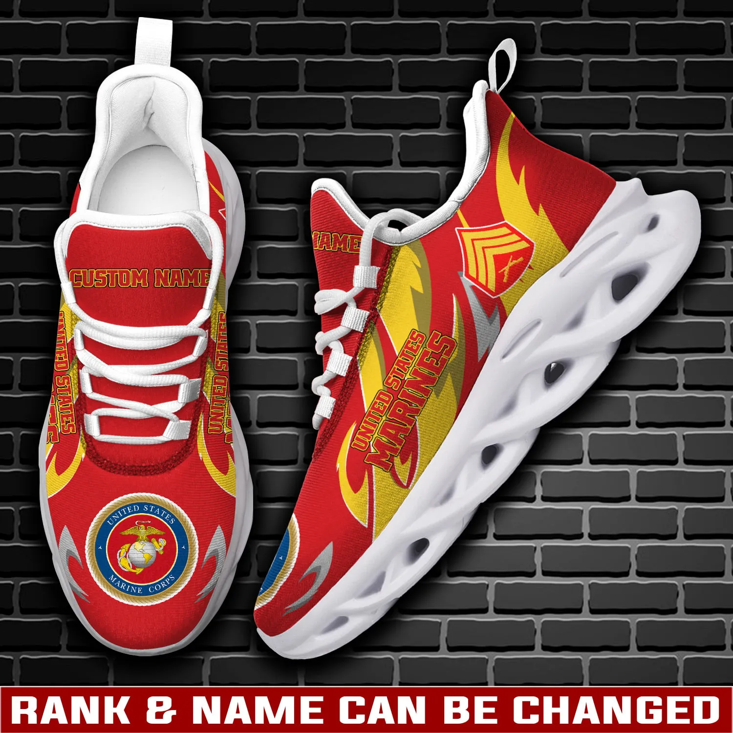 US Marine Corps E-9 Marines Master Gunnery Sergeant Personalized Max Soul Shoes, Custom Name Red and Gold Veteran Sneakers, USMC Gift