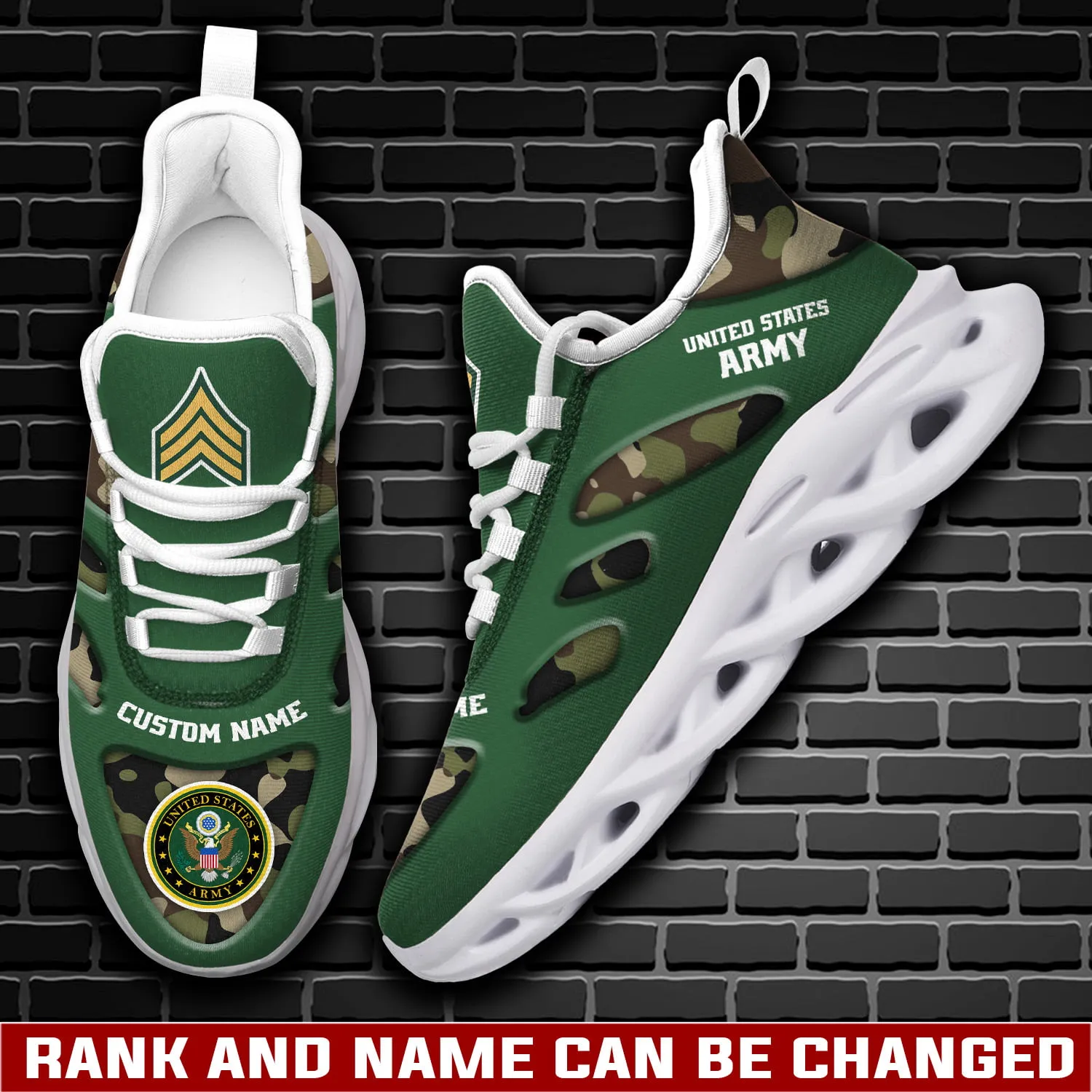 US Army E-9 Army Sergeant Major Max Soul Shoes, Personalized Rank and Custom Name Green Camo Sneakers, Military Veteran Gift for Dad