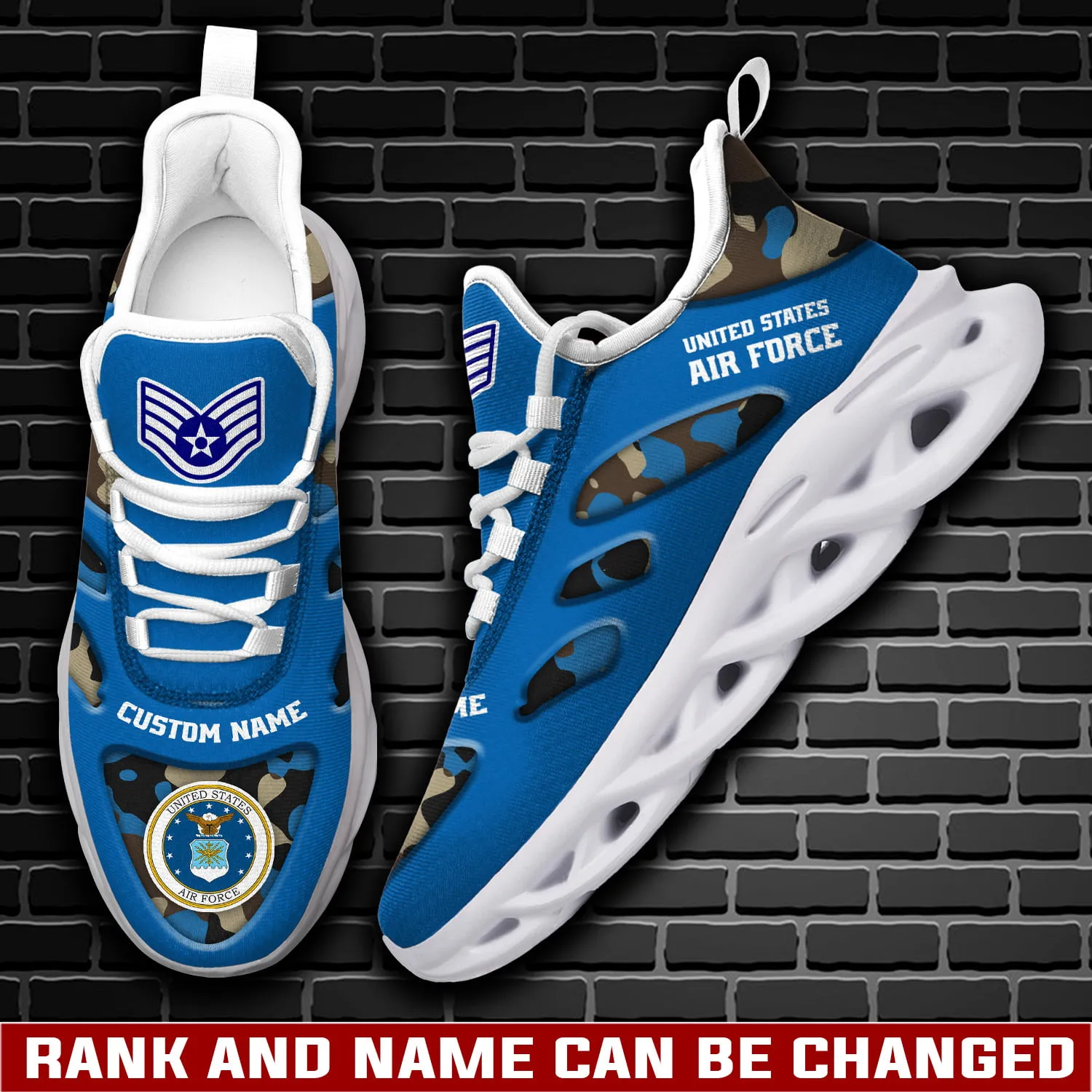 US Air Force O-6 Air Force Colonel Personalized Max Soul Shoes, Custom Name and Rank, Blue Camo Veteran Sneakers, Military Gift