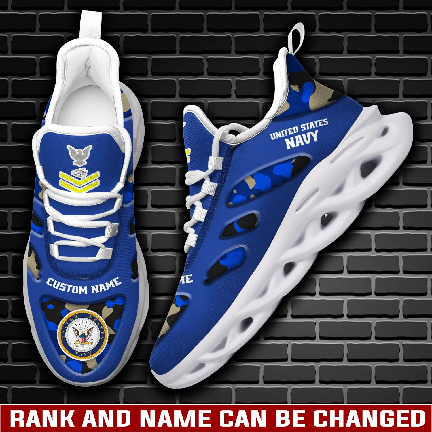 US Navy E-2 White Personalized Max Soul Shoes, Custom Name and Rank, Royal Blue Camo Veteran Sneakers, Military Gift for Dad
