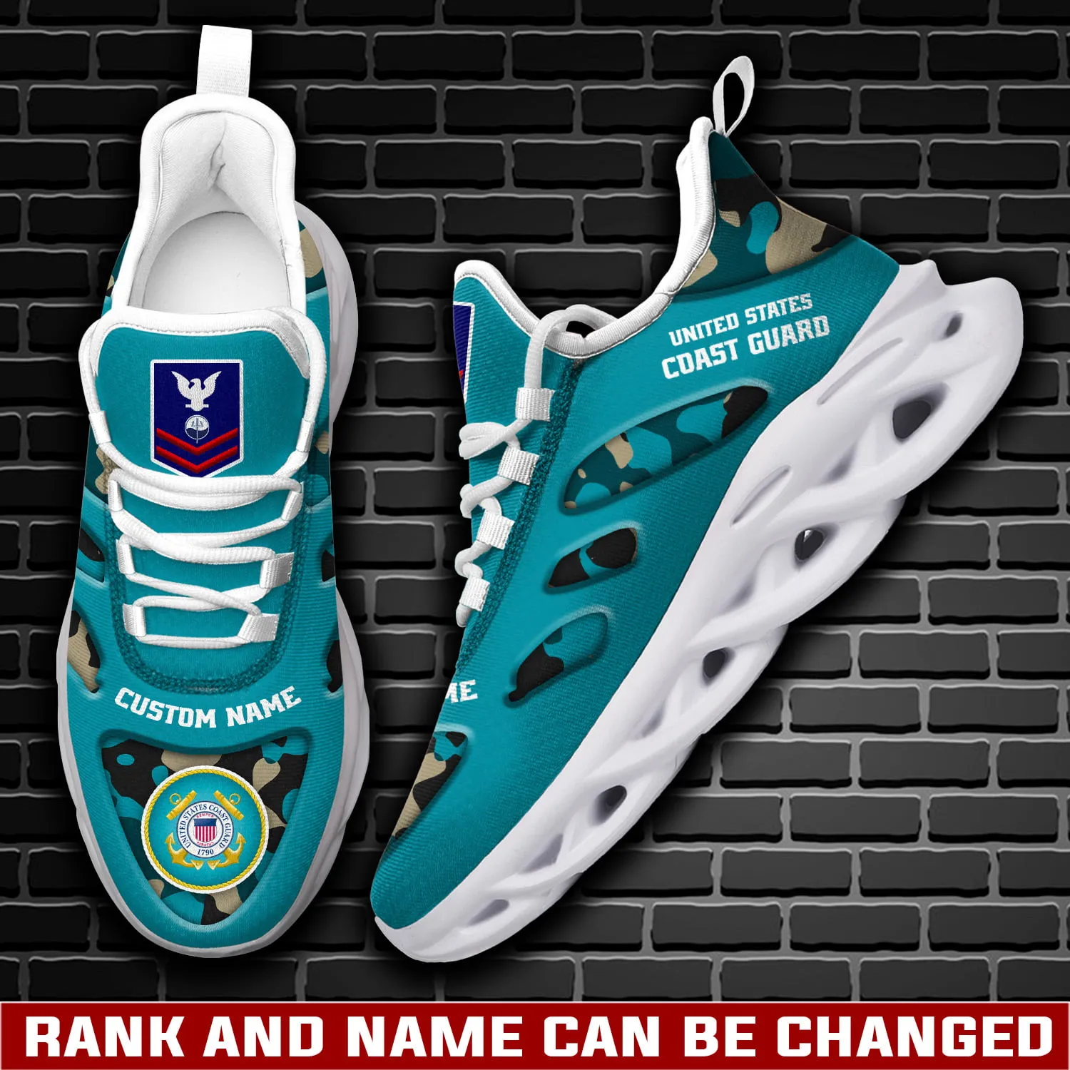 US Coast Guard E-7 Red Max Soul Shoes, Personalized Rating, Rank and Custom Name, Turquoise Camo Veteran Sneakers, Military Gift for Him