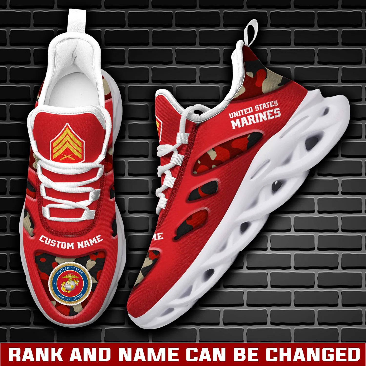 US Marine Corps E-5 Marines Sergeant Personalized Max Soul Shoes, Custom Name and Rank Red Camo Veteran Sneakers, USMC Gift for Him