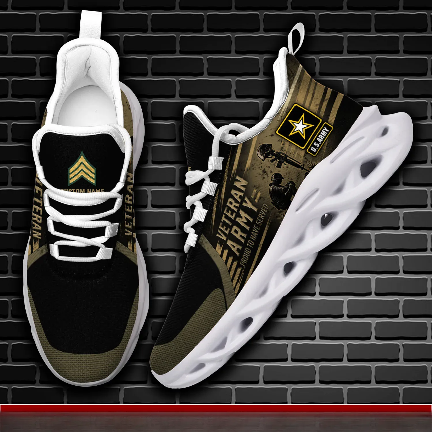 US Army Be All You Can Be Max Soul Shoes, Personalized Rank and Custom Name Veteran Sneakers, Proud to Have Served Military Gift