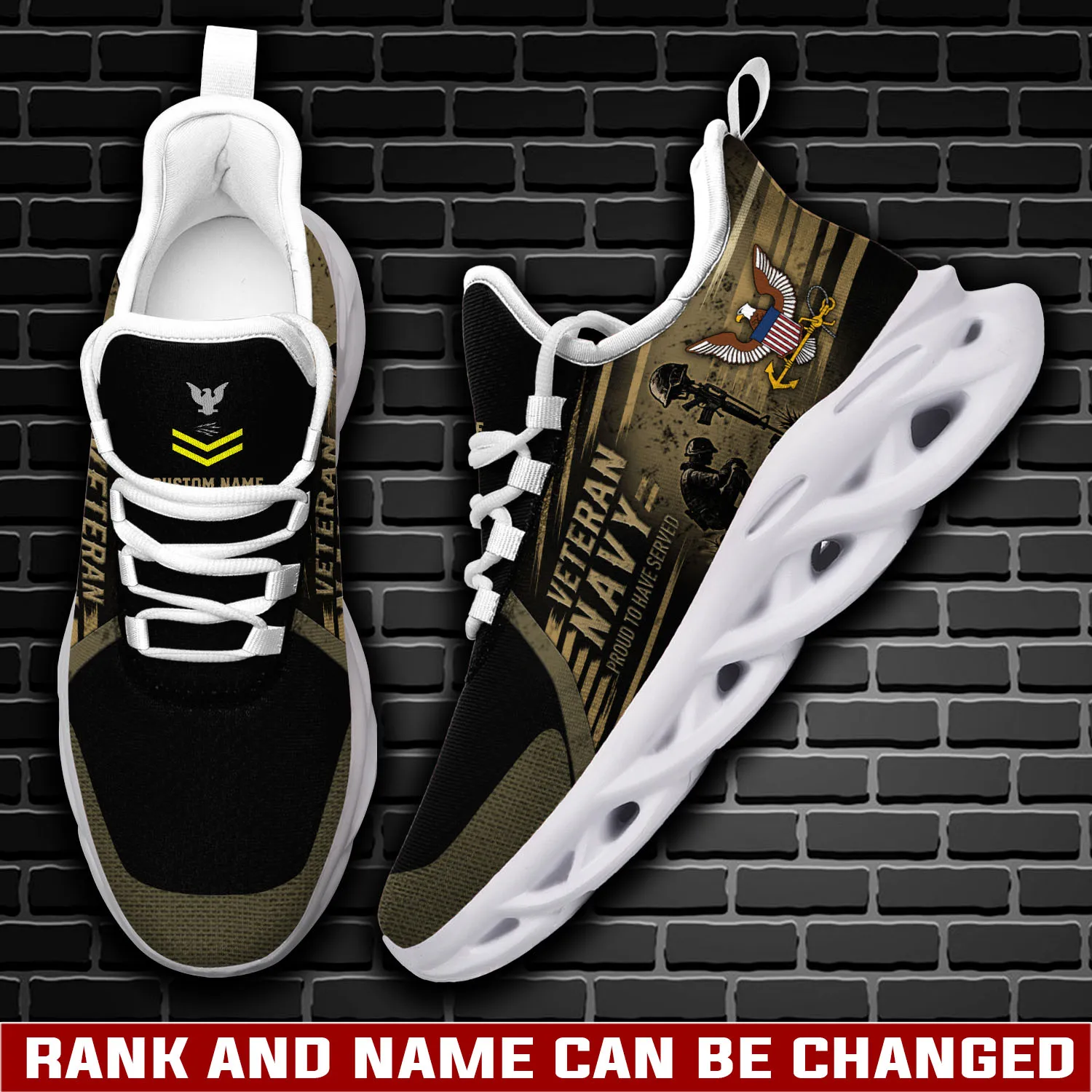 US Navy E-7 Gold Max Soul Shoes, Personalized Rating, Rank and Name Veteran Proud to Have Served Sneakers, Military Gift for Sailors