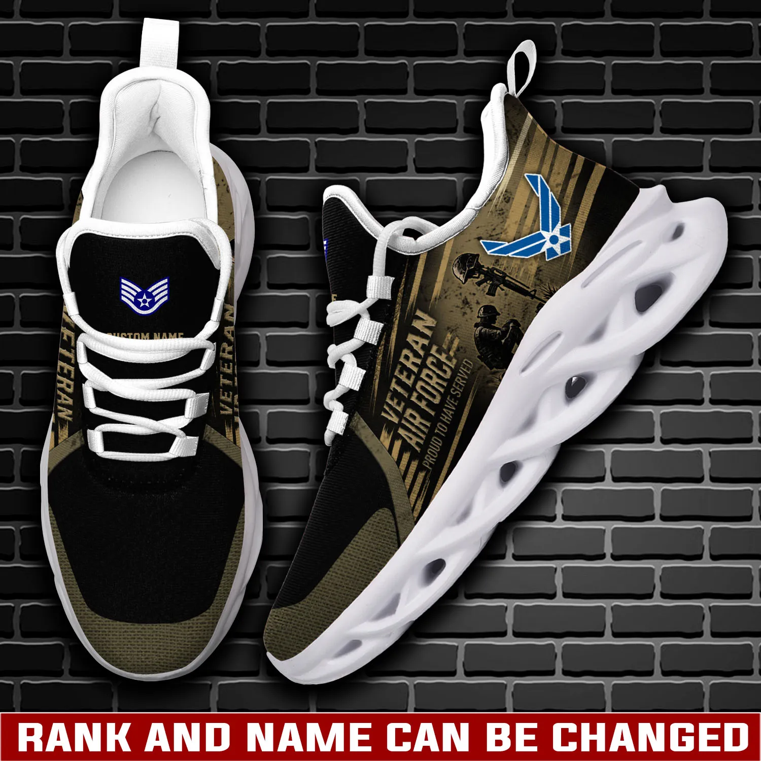 US Air Force Served With Pride Max Soul Shoes, Personalized Rank and Custom Name, Veteran Memorial Sneakers, Military Gift for Airman